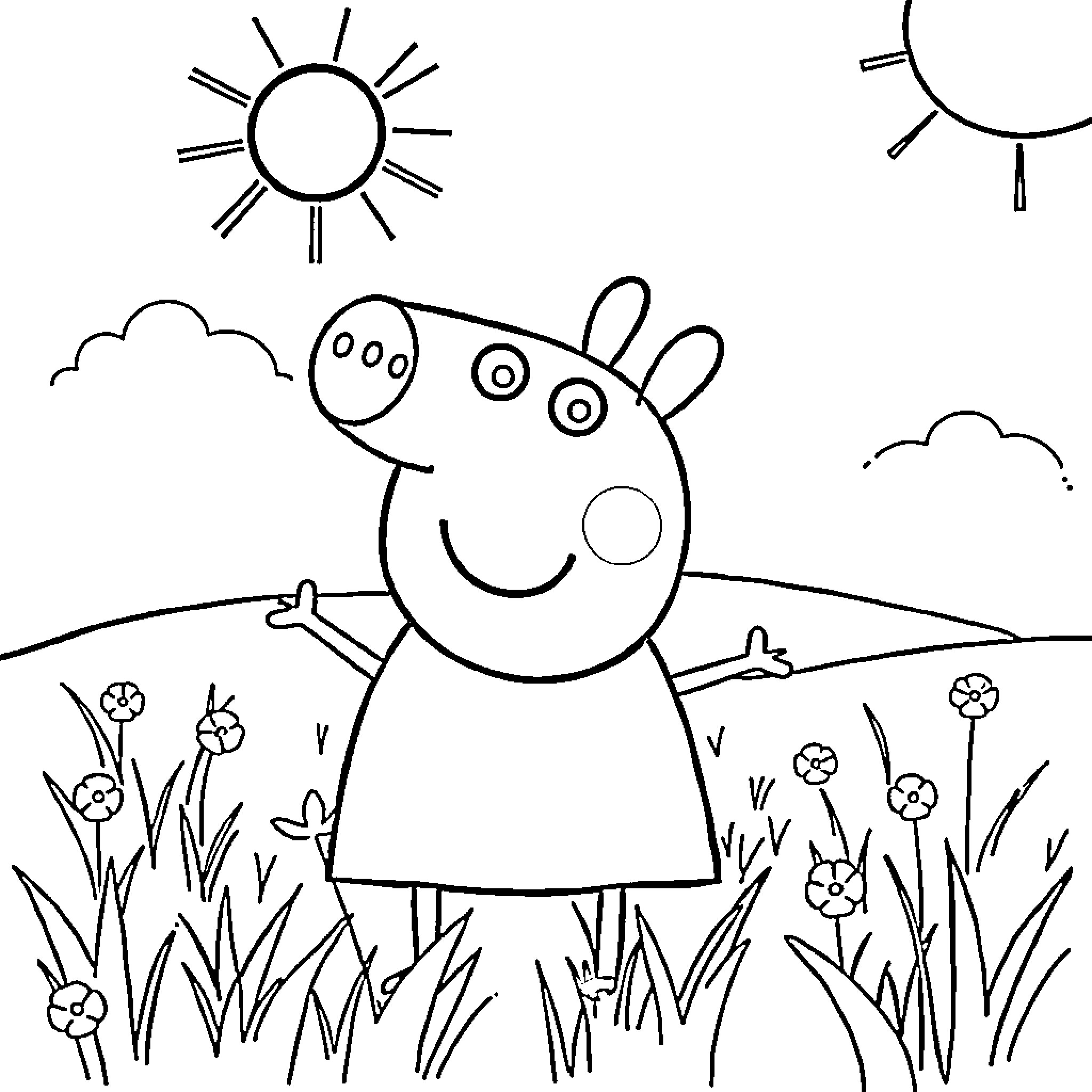 Peppa Pig enjoying a sunny day outdoors Coloring Page (free black-and-white line drawing printable PDF for all, from beginners to advanced learners, including children, teens, adults, and seniors)