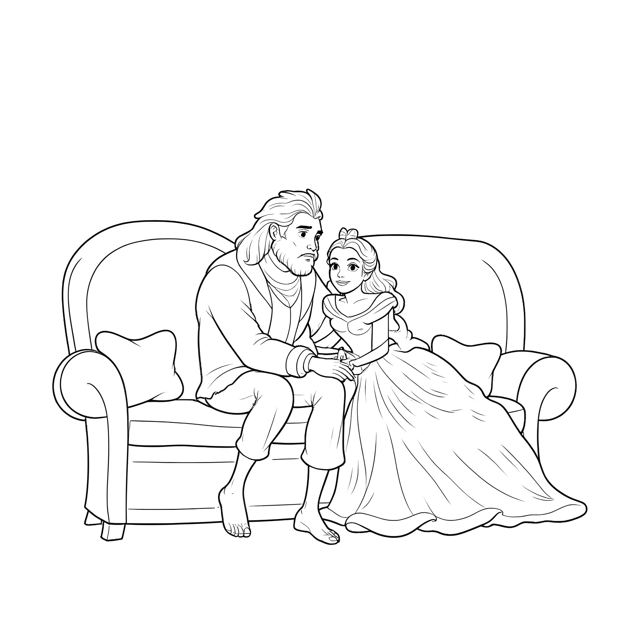Beauty And The Beast - Couple Sitting on Sofa Coloring Page (free black-and-white line drawing printable PDF for all, from beginners to advanced learners, including children, teens, adults, and seniors)