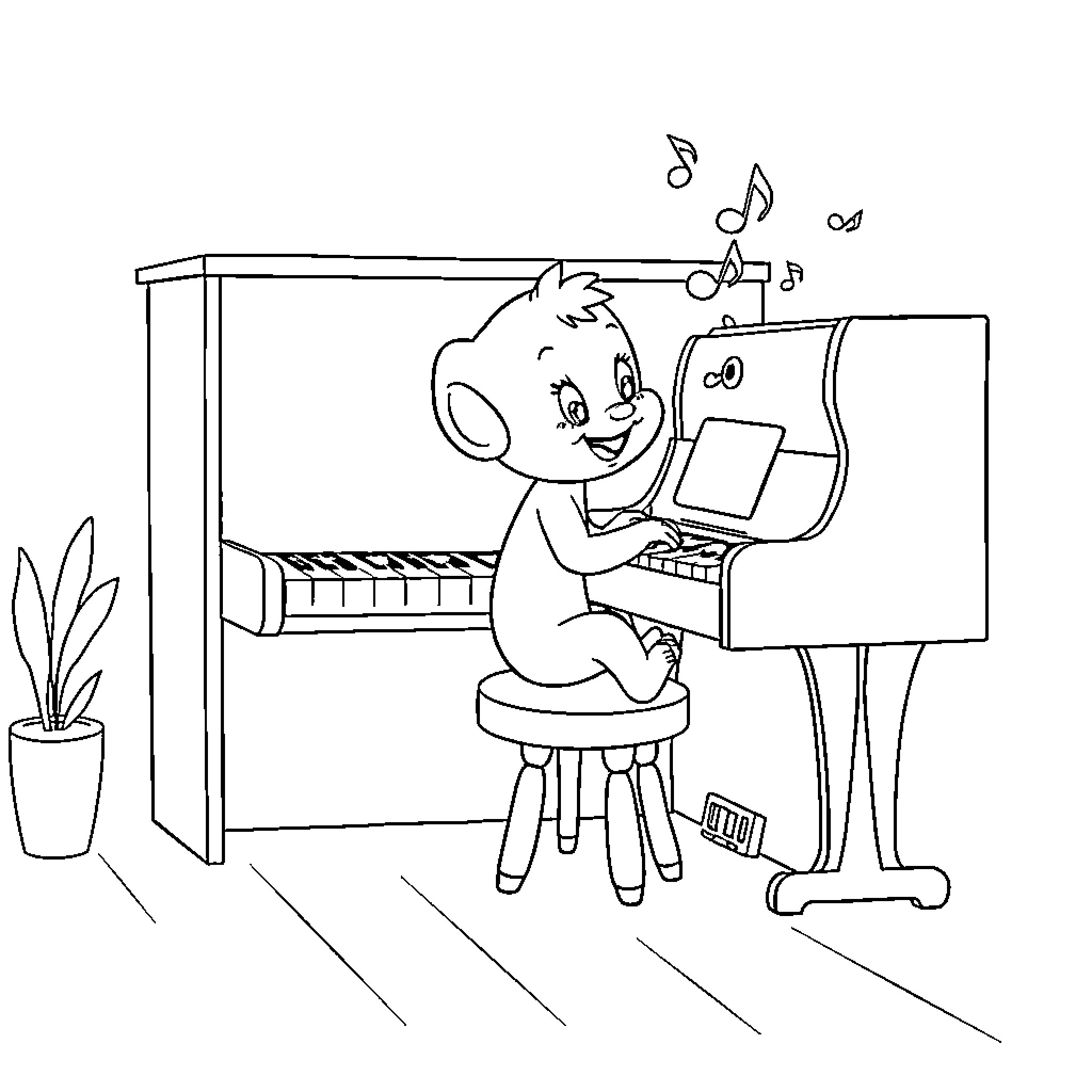 Bluey playing joyfully with musical instruments Coloring Page (free black-and-white line drawing printable PDF for all, from beginners to advanced learners, including children, teens, adults, and seniors)