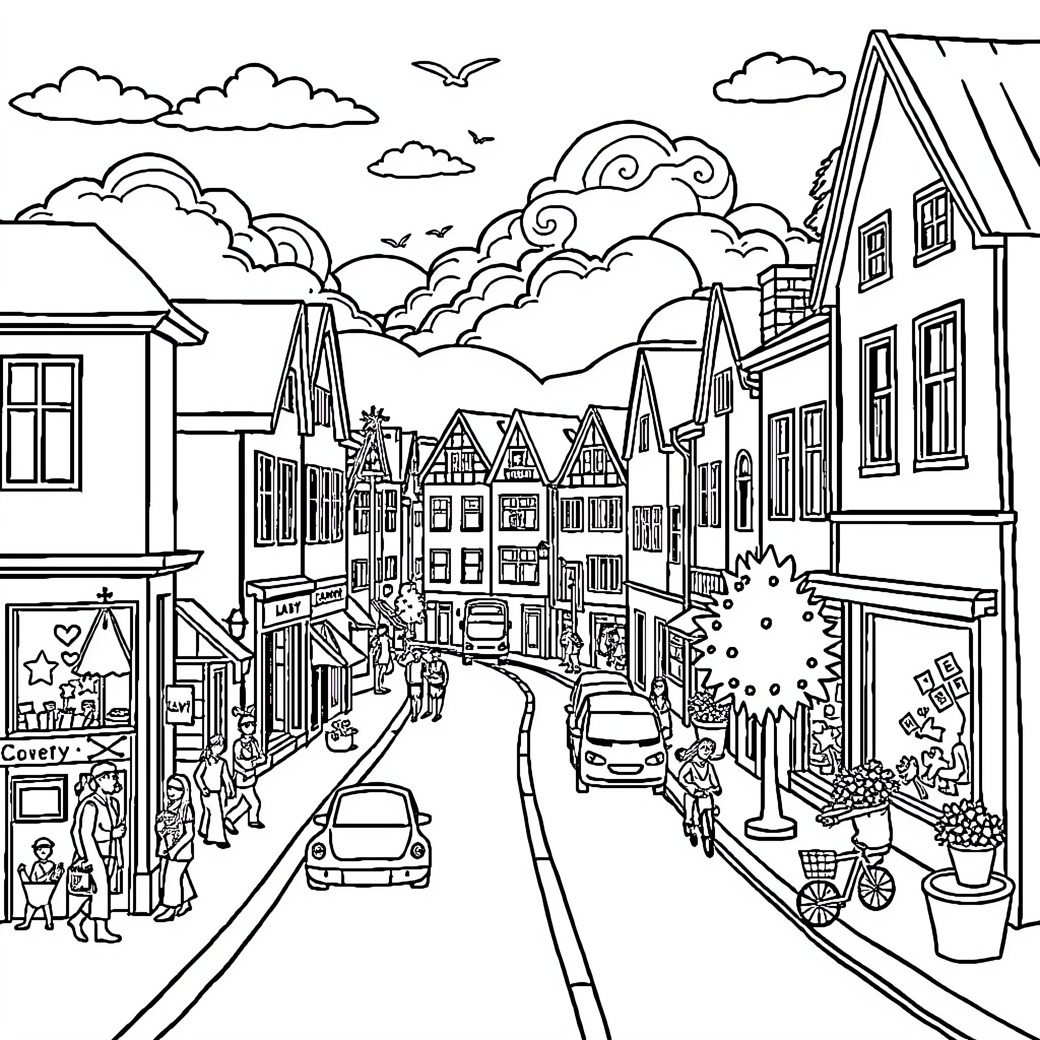 Brøndby town with bustling street and colorful buildings Coloring Page (free black-and-white line drawing printable PDF for all, from beginners to advanced learners, including children, teens, adults, and seniors)