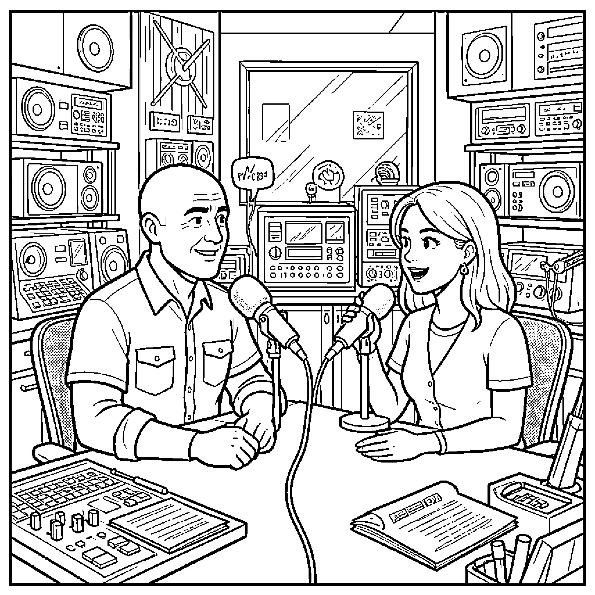 Presenter conducting a professional podcast interview in a studio Coloring Page (free black-and-white line drawing printable PDF for all, from beginners to advanced learners, including children, teens, adults, and seniors)