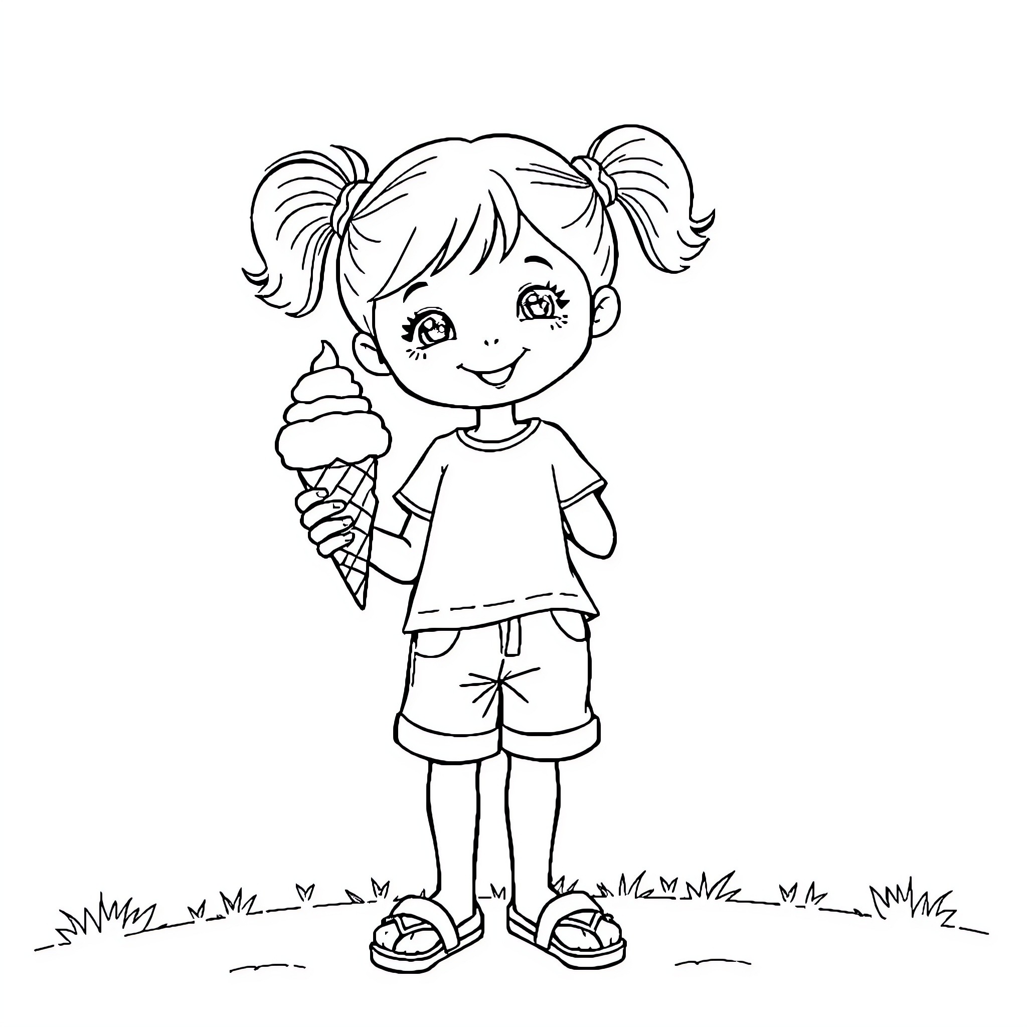 Girl enjoying ice cream outdoors Coloring Page (free black-and-white line drawing printable PDF for all, from beginners to advanced learners, including children, teens, adults, and seniors)