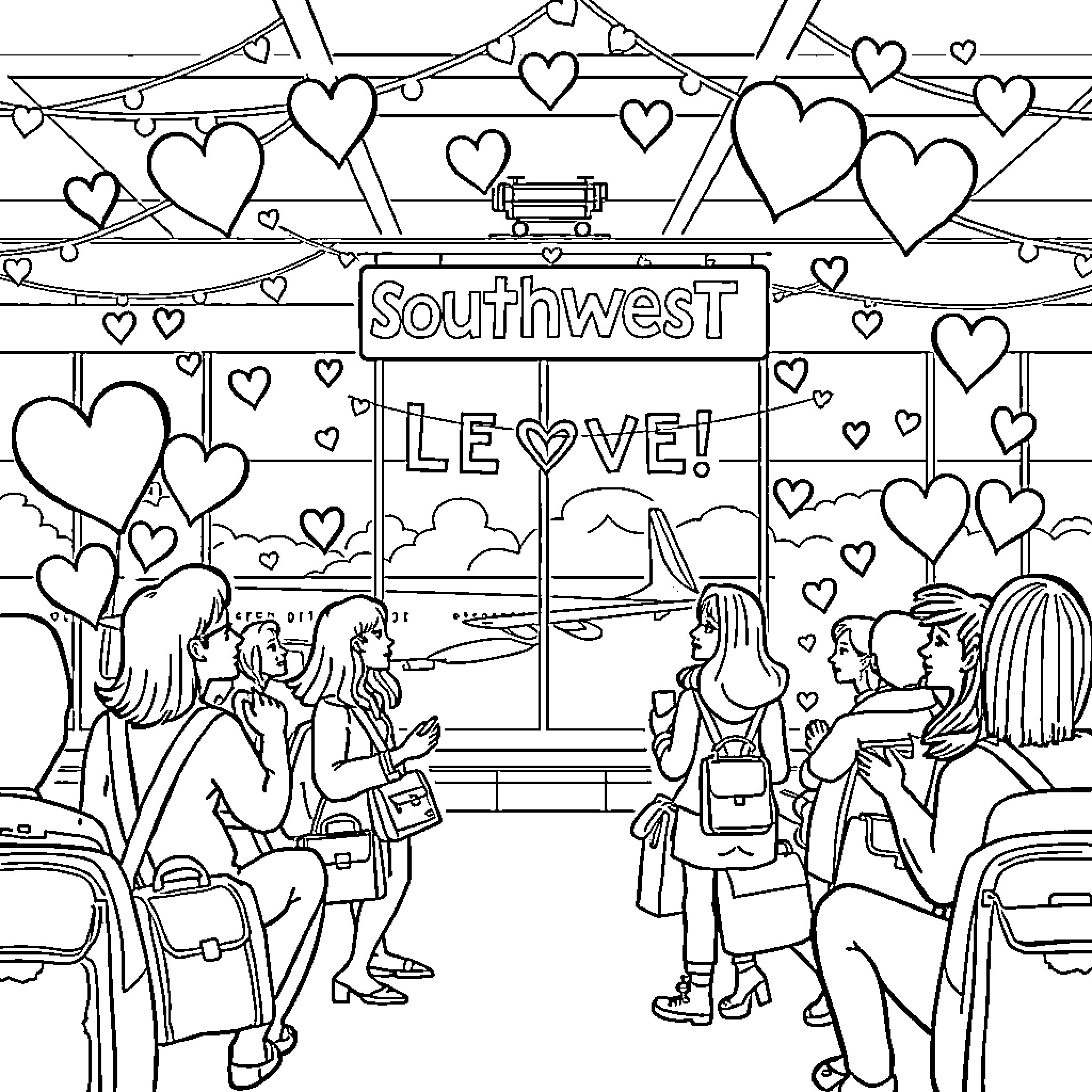 Valentine's Day at the Southwest airline terminal Coloring Page (free black-and-white line drawing printable PDF for all, from beginners to advanced learners, including children, teens, adults, and seniors)