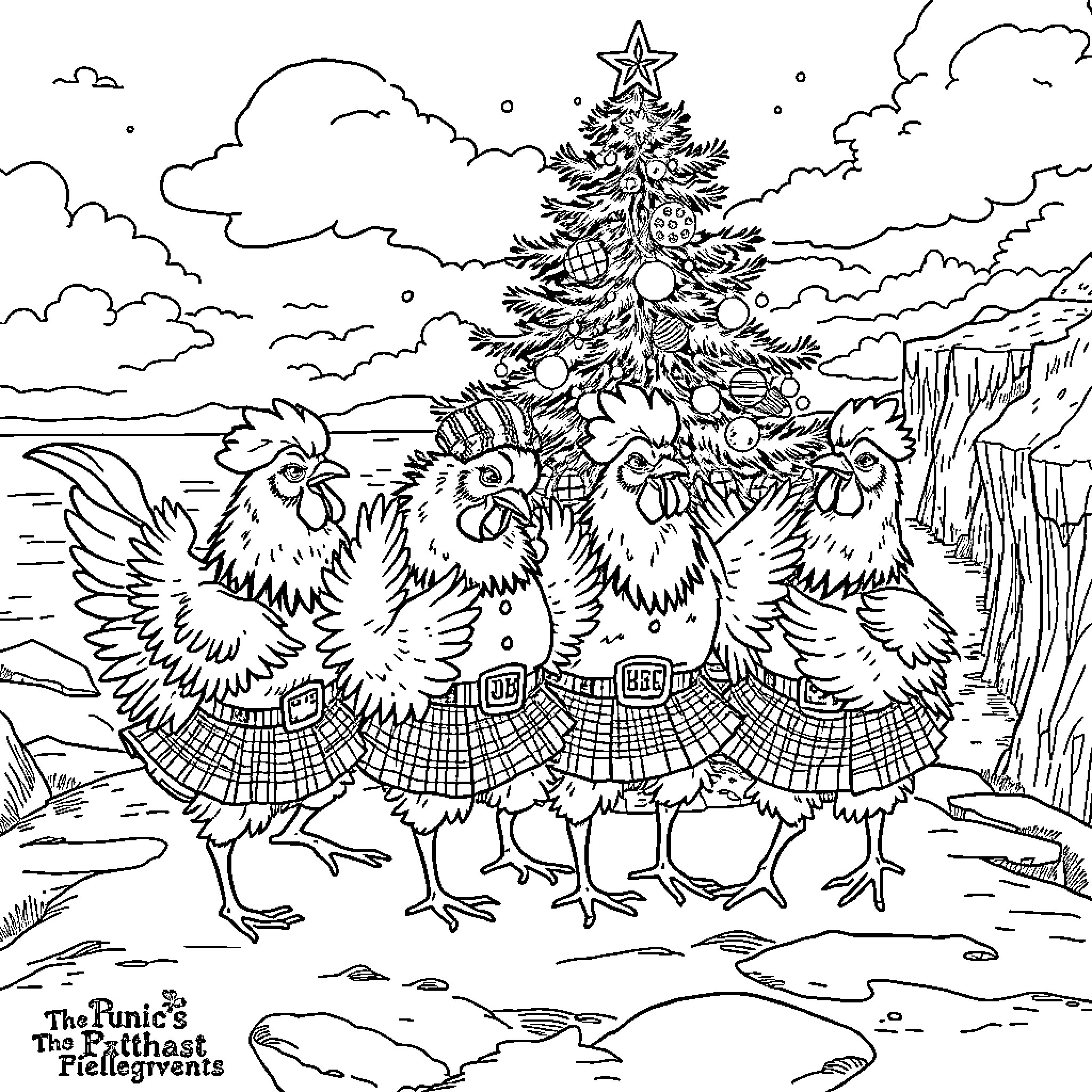 Chicken carolers singing around the festive Christmas tree Coloring Page (free black-and-white line drawing printable PDF for all, from beginners to advanced learners, including children, teens, adults, and seniors)