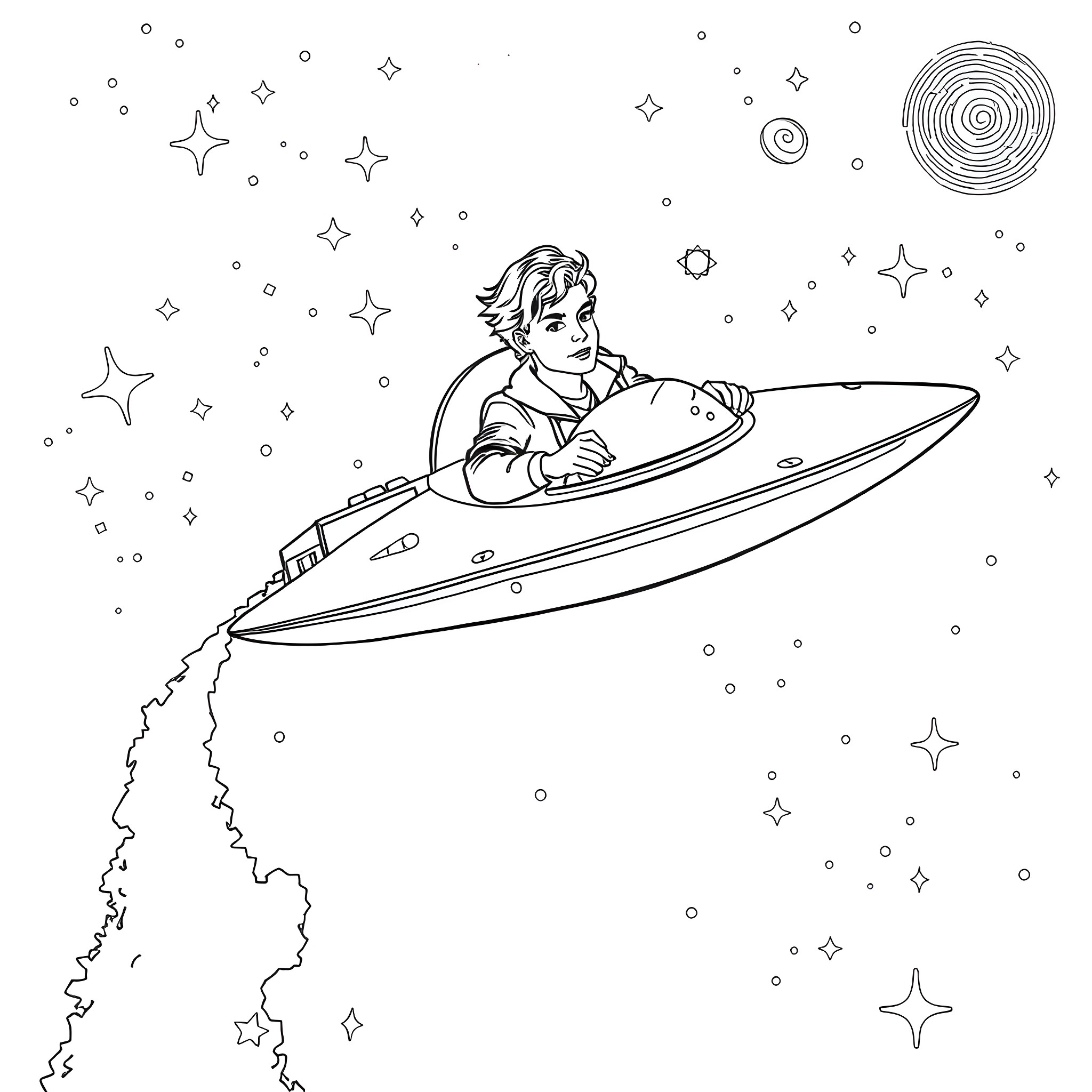 Harry Styles traveling through space in a futuristic spacecraft Coloring Page (free black-and-white line drawing printable PDF for all, from beginners to advanced learners, including children, teens, adults, and seniors)