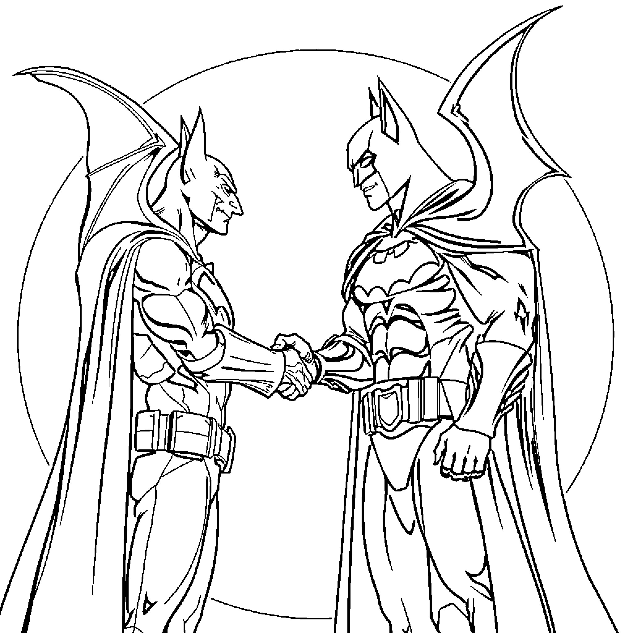 Batman Shaking Hands with Another Batman Coloring Page (free black-and-white line drawing printable PDF for all, from beginners to advanced learners, including children, teens, adults, and seniors)