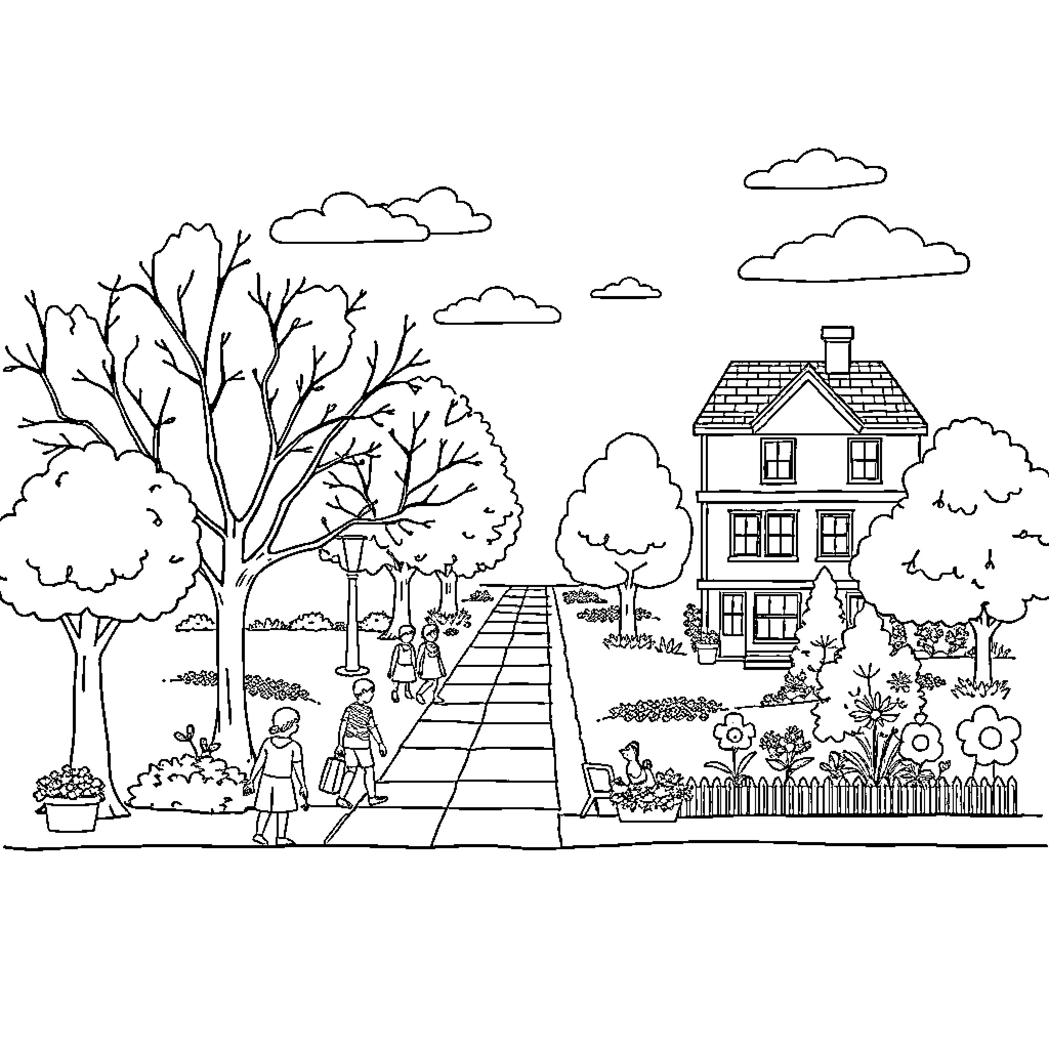 Space for a peaceful neighborhood stroll Coloring Page (free black-and-white line drawing printable PDF for all, from beginners to advanced learners, including children, teens, adults, and seniors)
