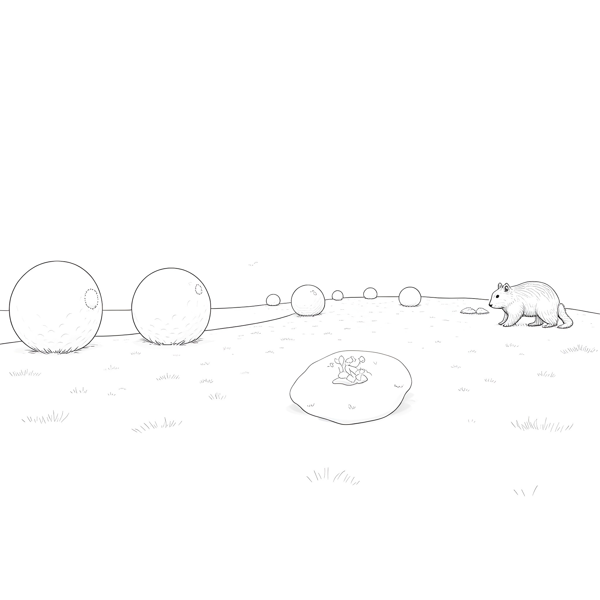 Satellite scene with polar bear and snowballs Coloring Page (free black-and-white line drawing printable PDF for all, from beginners to advanced learners, including children, teens, adults, and seniors)