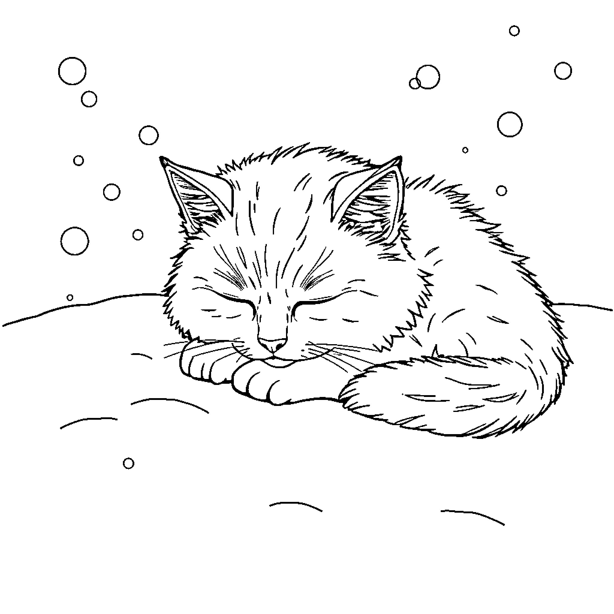 Cat sleeping peacefully in the snow Coloring Page (free black-and-white line drawing printable PDF for all, from beginners to advanced learners, including children, teens, adults, and seniors)