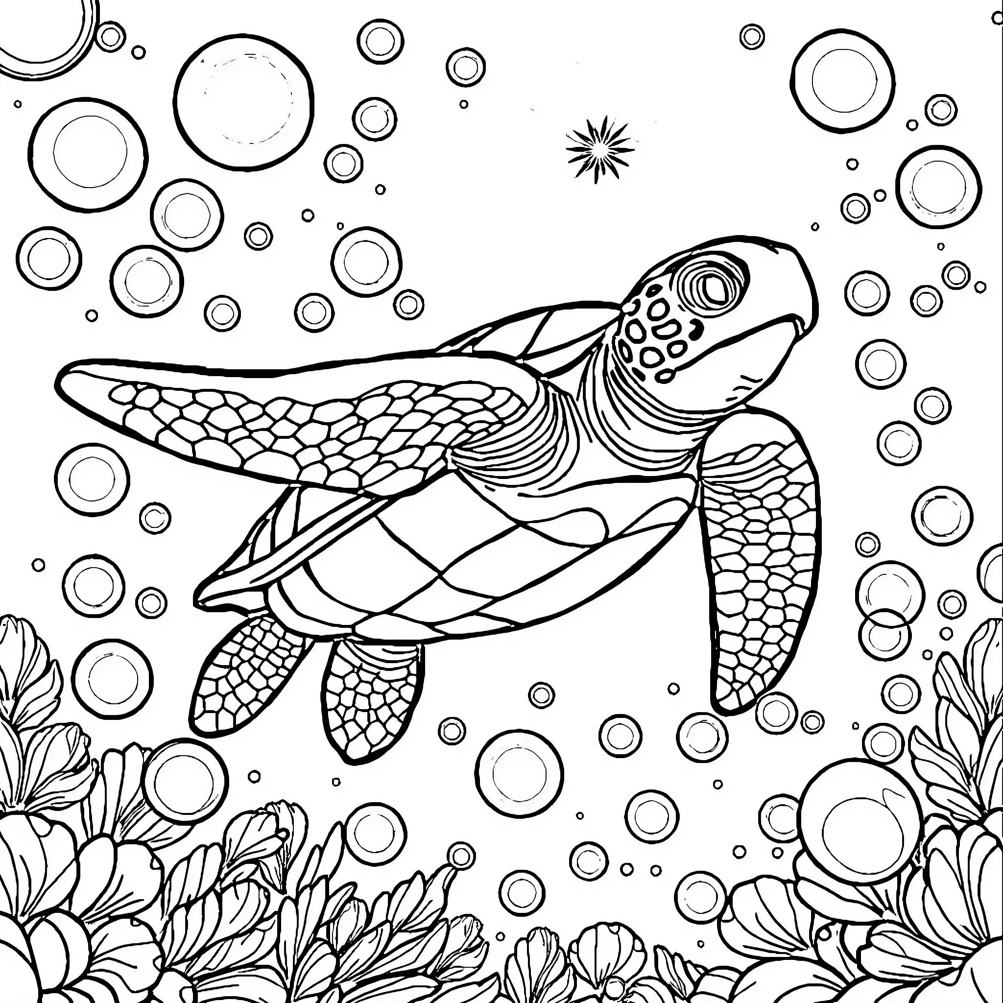 Sea Turtle swimming gracefully through underwater bubbles Coloring Page (free black-and-white line drawing printable PDF for all, from beginners to advanced learners, including children, teens, adults, and seniors)