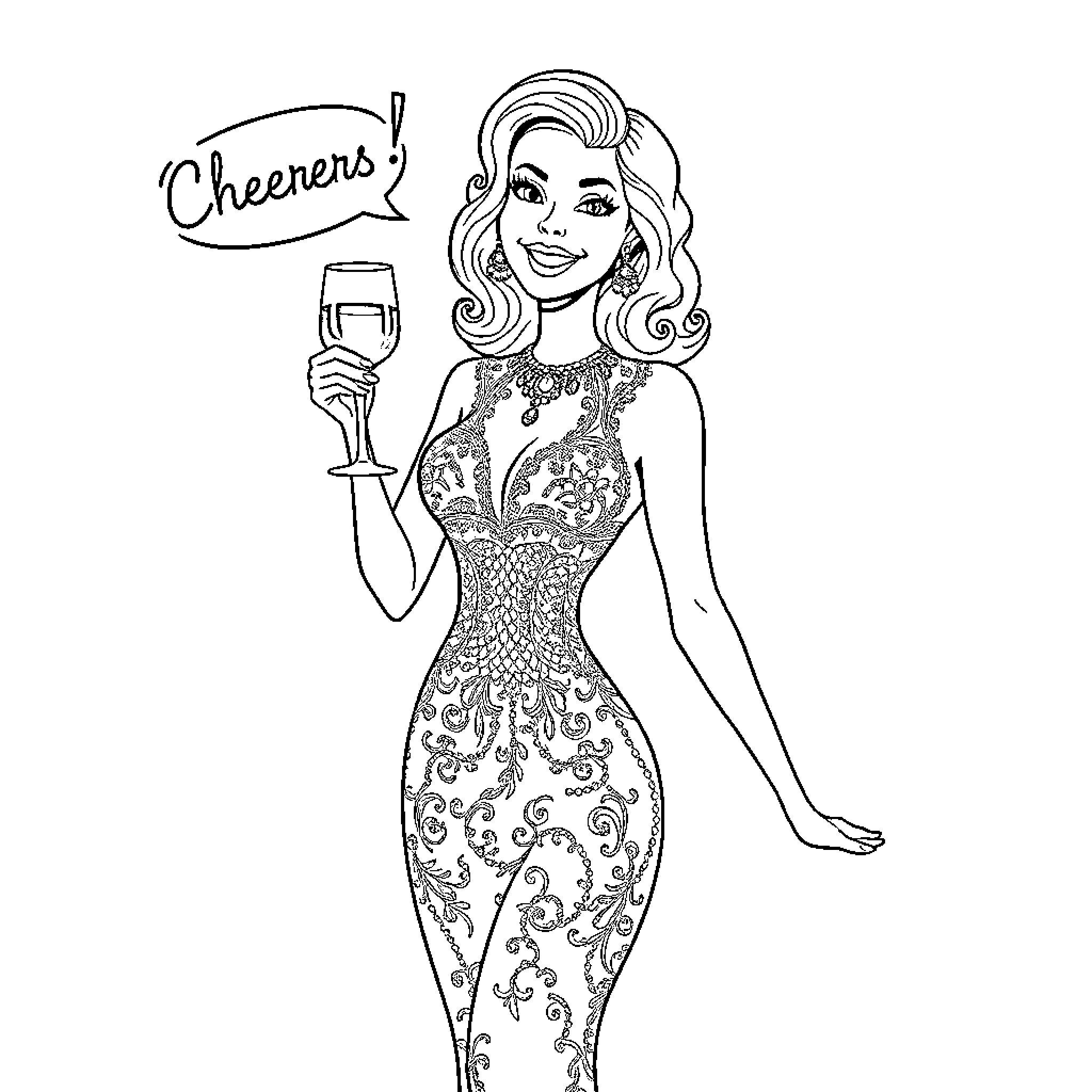 Denice Bourbon's Cheers in Stylish Attire Coloring Page (free black-and-white line drawing printable PDF for all, from beginners to advanced learners, including children, teens, adults, and seniors)