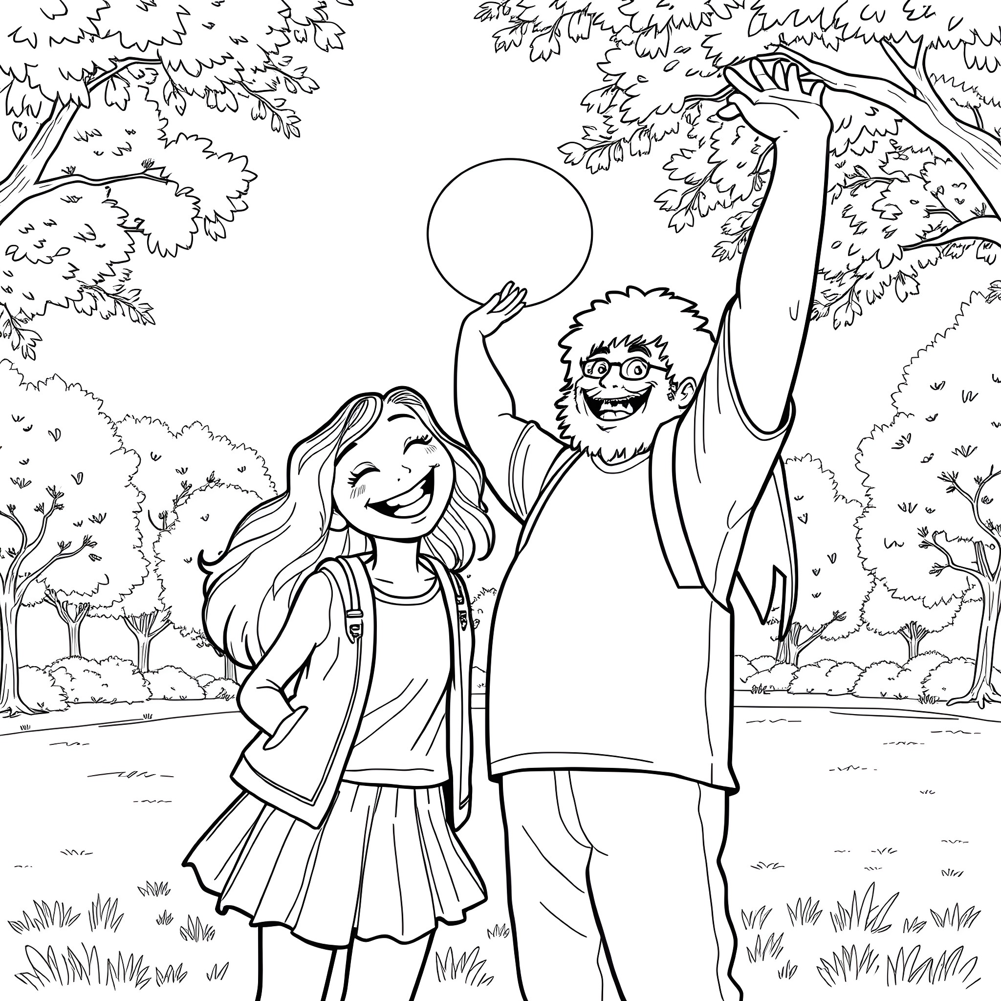 Girl and boy playing joyfully in nature Coloring Page (free black-and-white line drawing printable PDF for all, from beginners to advanced learners, including children, teens, adults, and seniors)