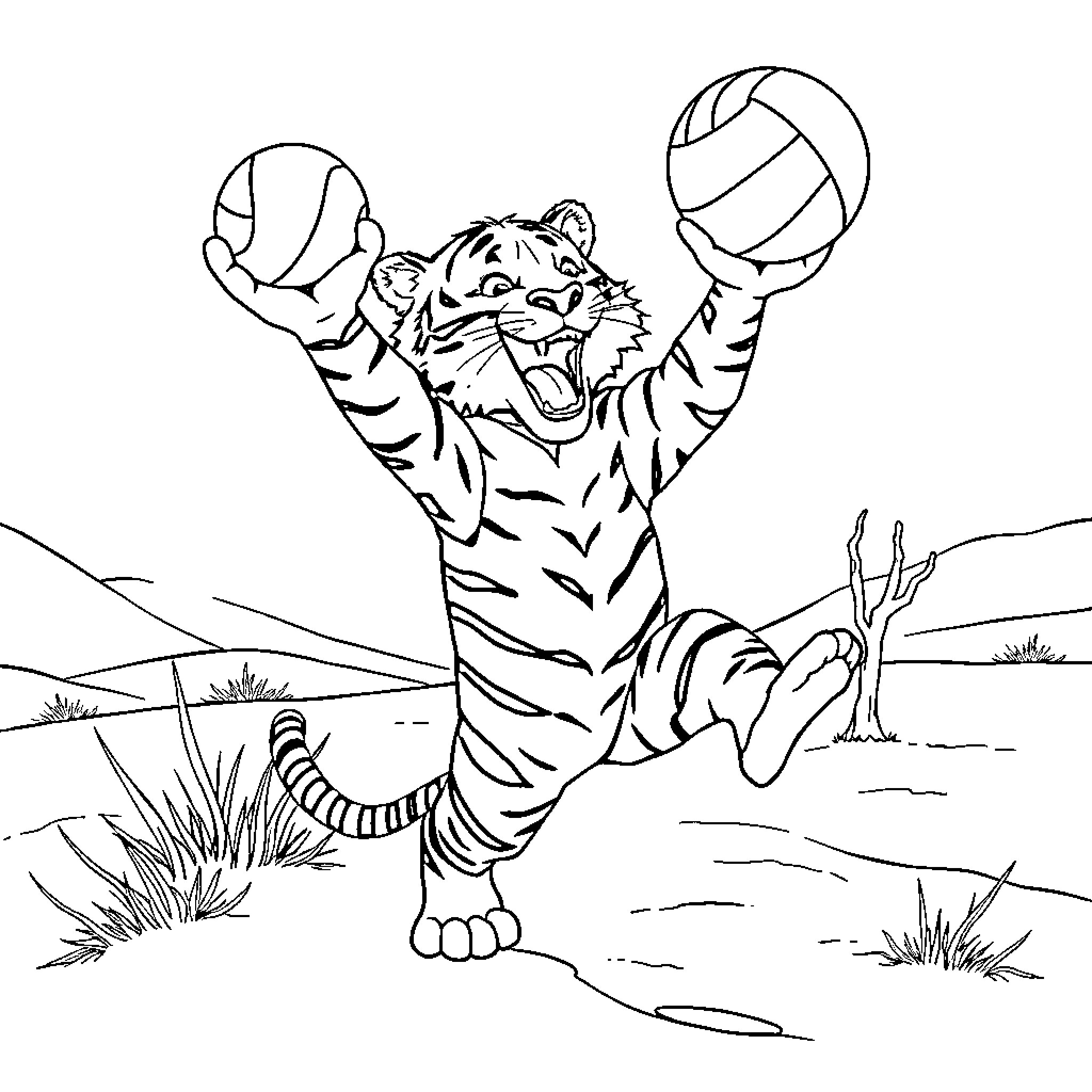 Tiger Playing with Volleyballs in the Wild Coloring Page (free black-and-white line drawing printable PDF for all, from beginners to advanced learners, including children, teens, adults, and seniors)