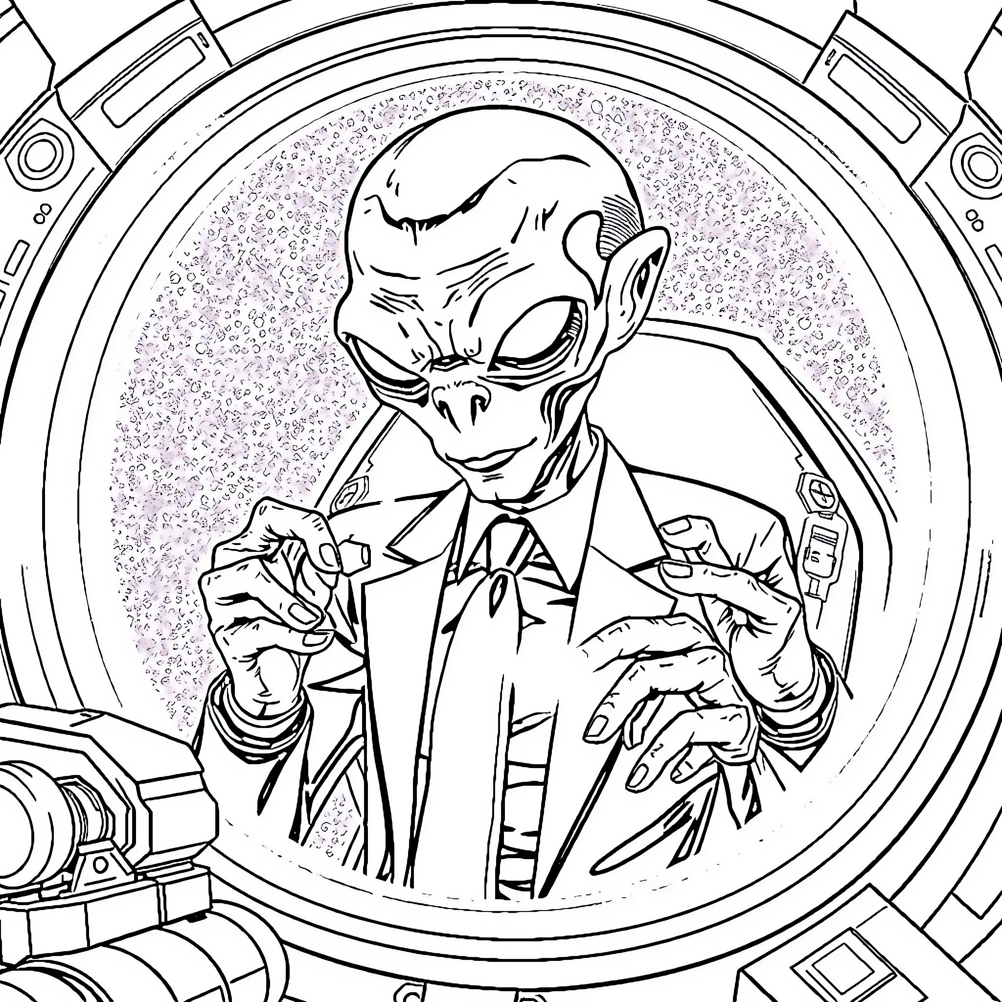 Alien businessman in space suit analyzing data Coloring Page (free black-and-white line drawing printable PDF for all, from beginners to advanced learners, including children, teens, adults, and seniors)