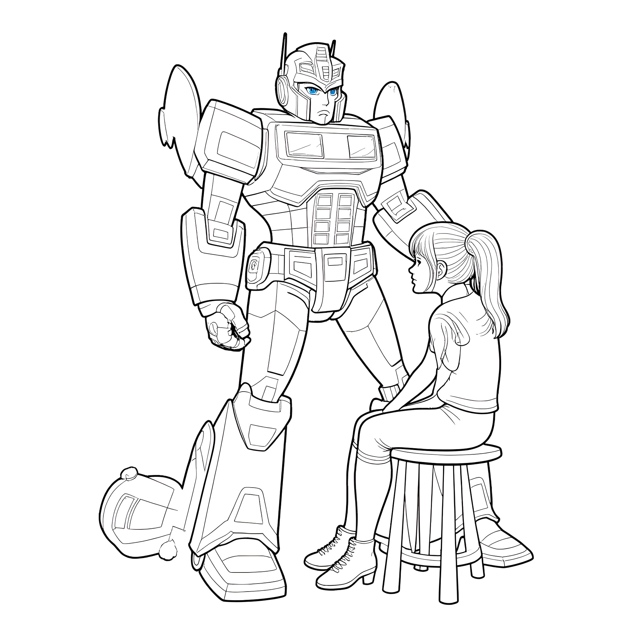 Optimus Prime assisting a young girl Coloring Page (free black-and-white line drawing printable PDF for all, from beginners to advanced learners, including children, teens, adults, and seniors)