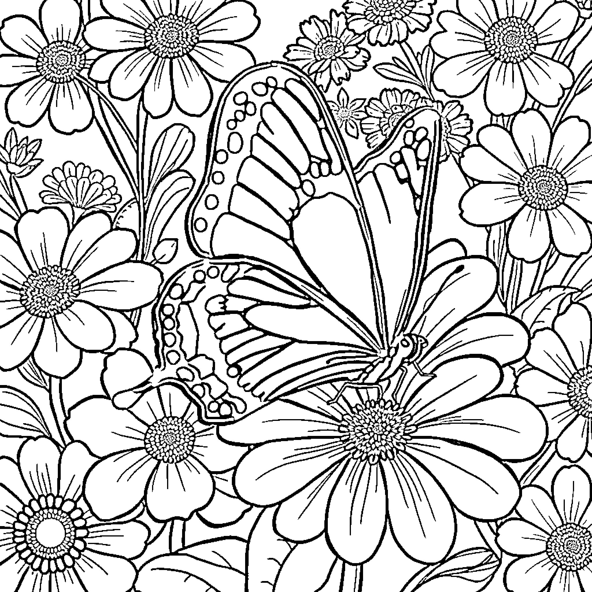 Butterfly surrounded by blooming flowers Coloring Page (free black-and-white line drawing printable PDF for all, from beginners to advanced learners, including children, teens, adults, and seniors)