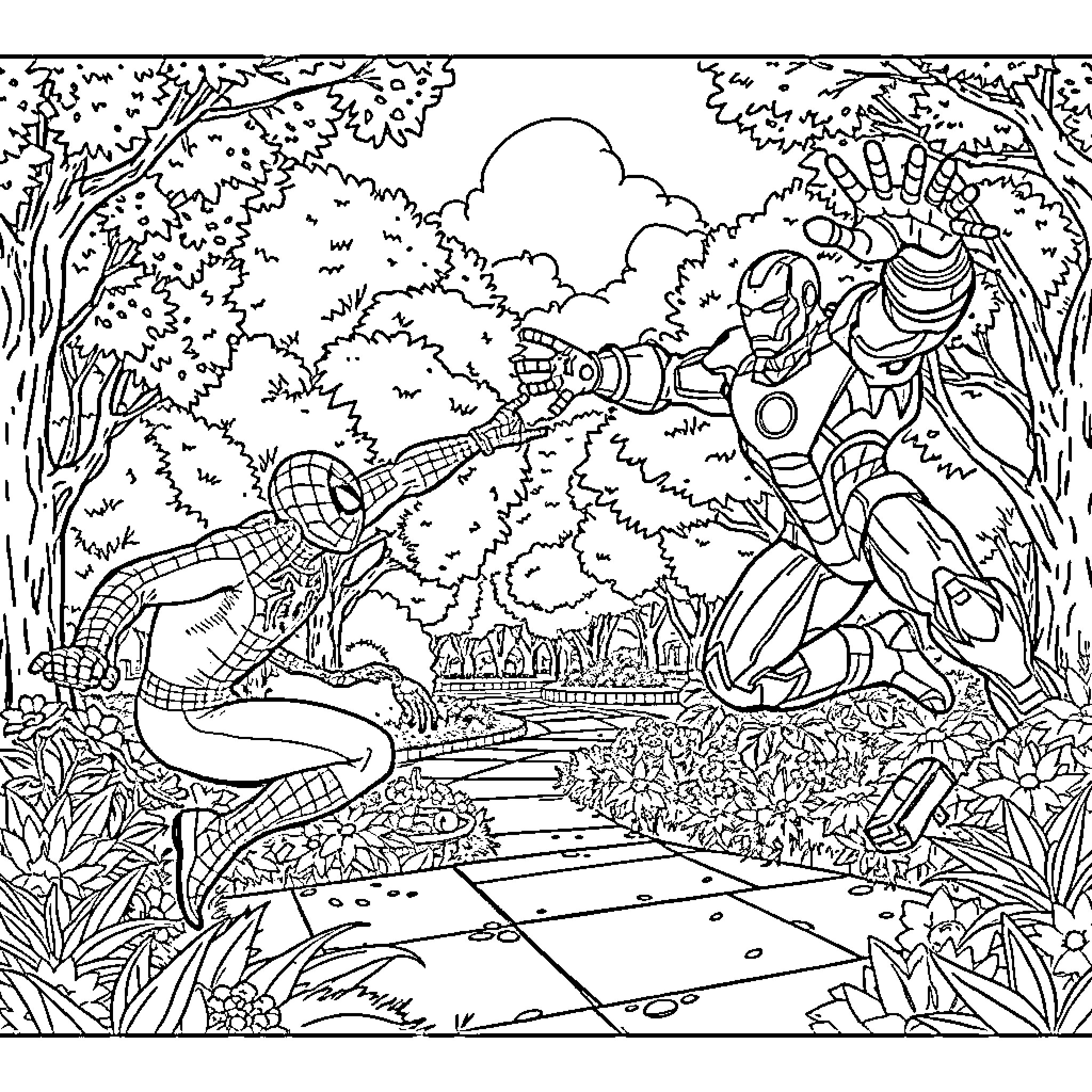Spider-Man facing off against a villainous foe in a forest setting Coloring Page (free black-and-white line drawing printable PDF for all, from beginners to advanced learners, including children, teens, adults, and seniors)
