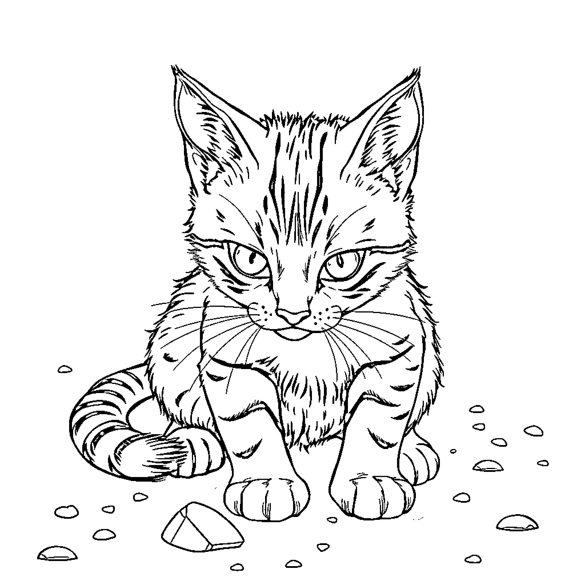 Cat resting peacefully on the ground Coloring Page (free black-and-white line drawing printable PDF for all, from beginners to advanced learners, including children, teens, adults, and seniors)