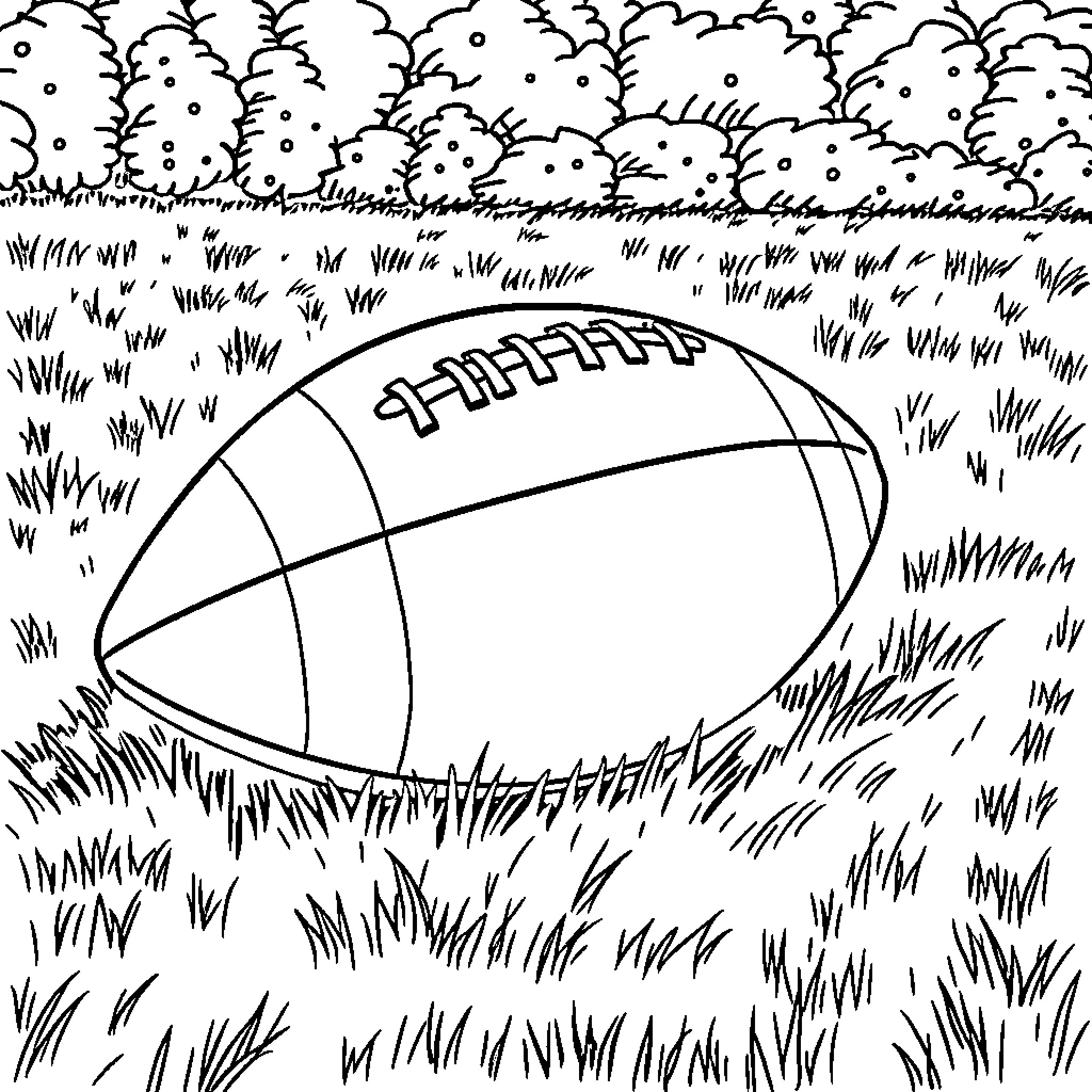 Football on the Field with Grassy Surroundings Coloring Page (free black-and-white line drawing printable PDF for all, from beginners to advanced learners, including children, teens, adults, and seniors)