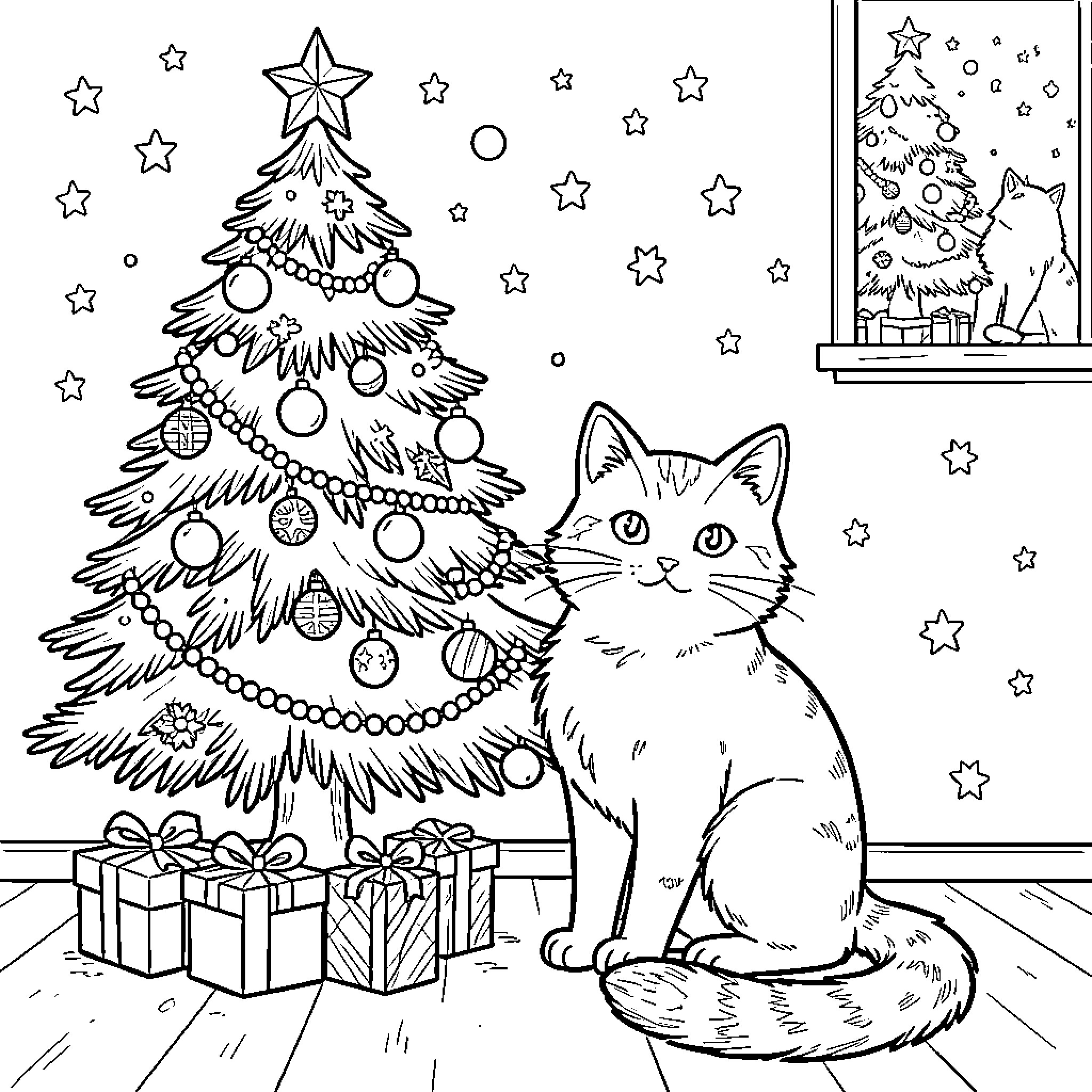 Christmas Cat sitting by a decorated tree with gifts Coloring Page (free black-and-white line drawing printable PDF for all, from beginners to advanced learners, including children, teens, adults, and seniors)