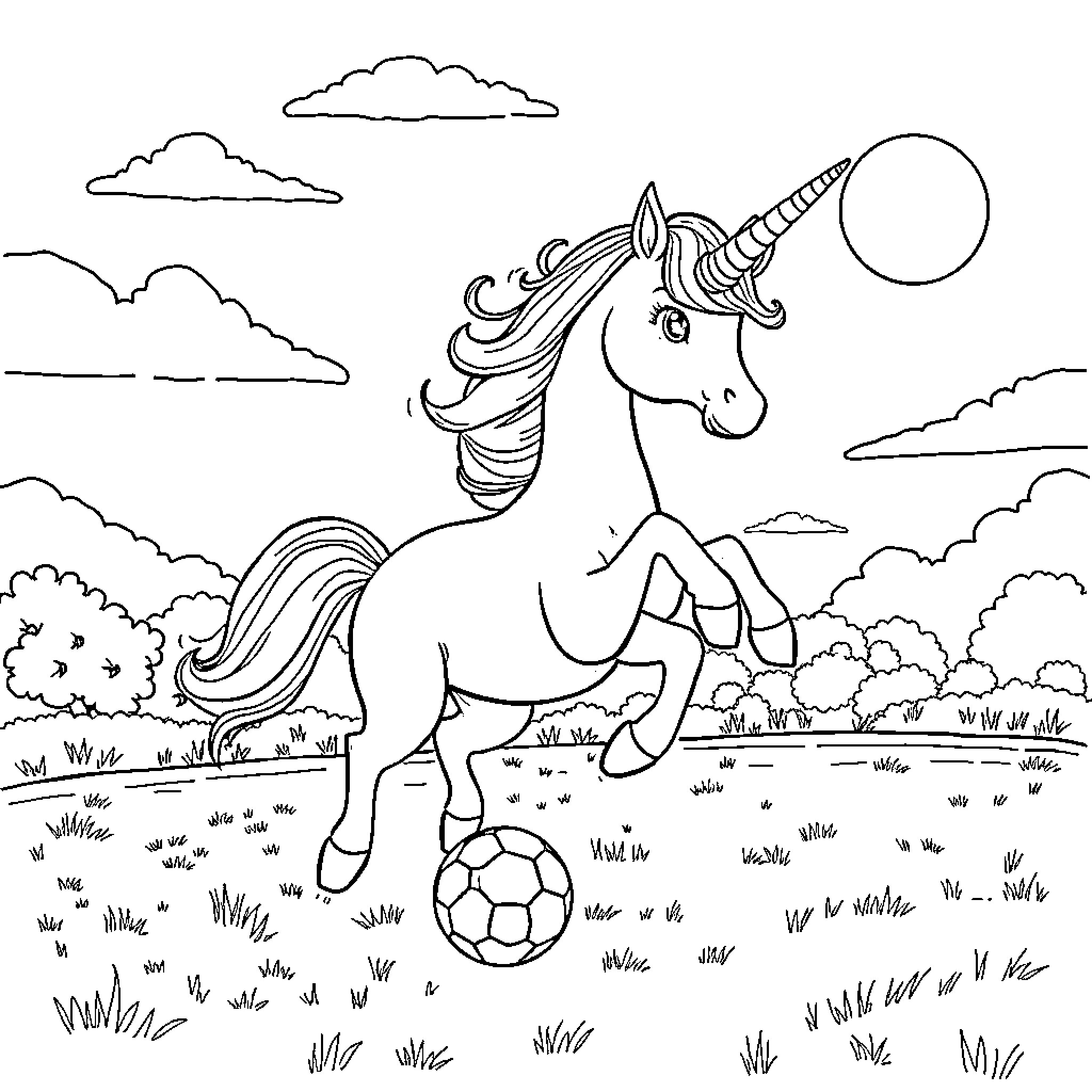 Unicorn playing with a soccer ball in a field Coloring Page (free black-and-white line drawing printable PDF for all, from beginners to advanced learners, including children, teens, adults, and seniors)