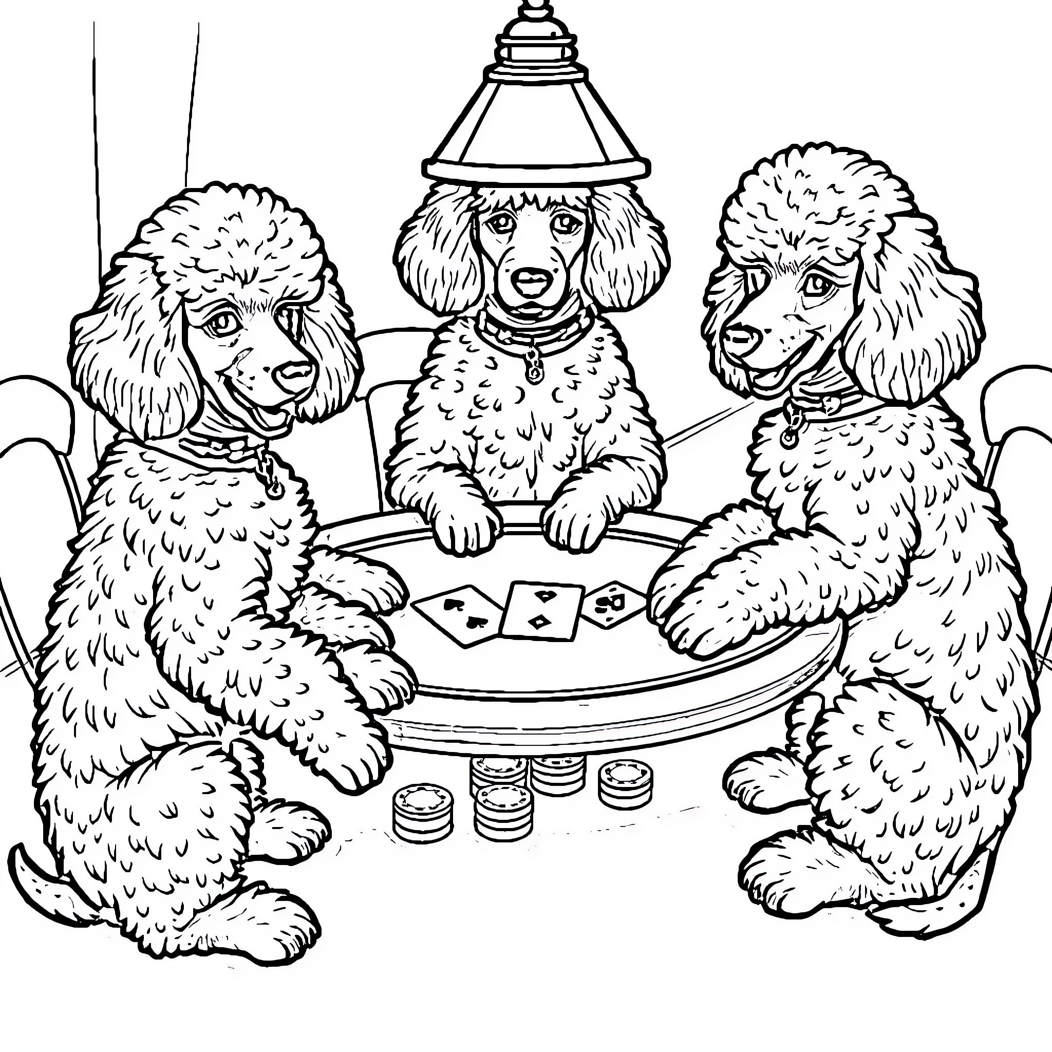 Poodle trio playing cards at the table Coloring Page (free black-and-white line drawing printable PDF for all, from beginners to advanced learners, including children, teens, adults, and seniors)