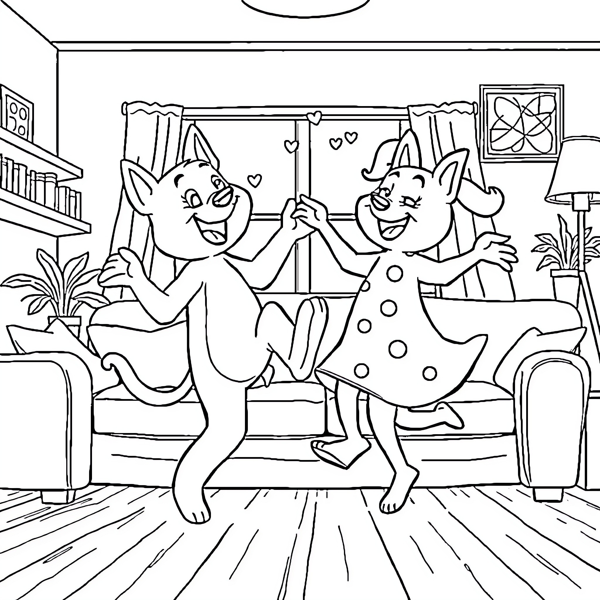 Bluey and friends having a dance party indoors Coloring Page (free black-and-white line drawing printable PDF for all, from beginners to advanced learners, including children, teens, adults, and seniors)
