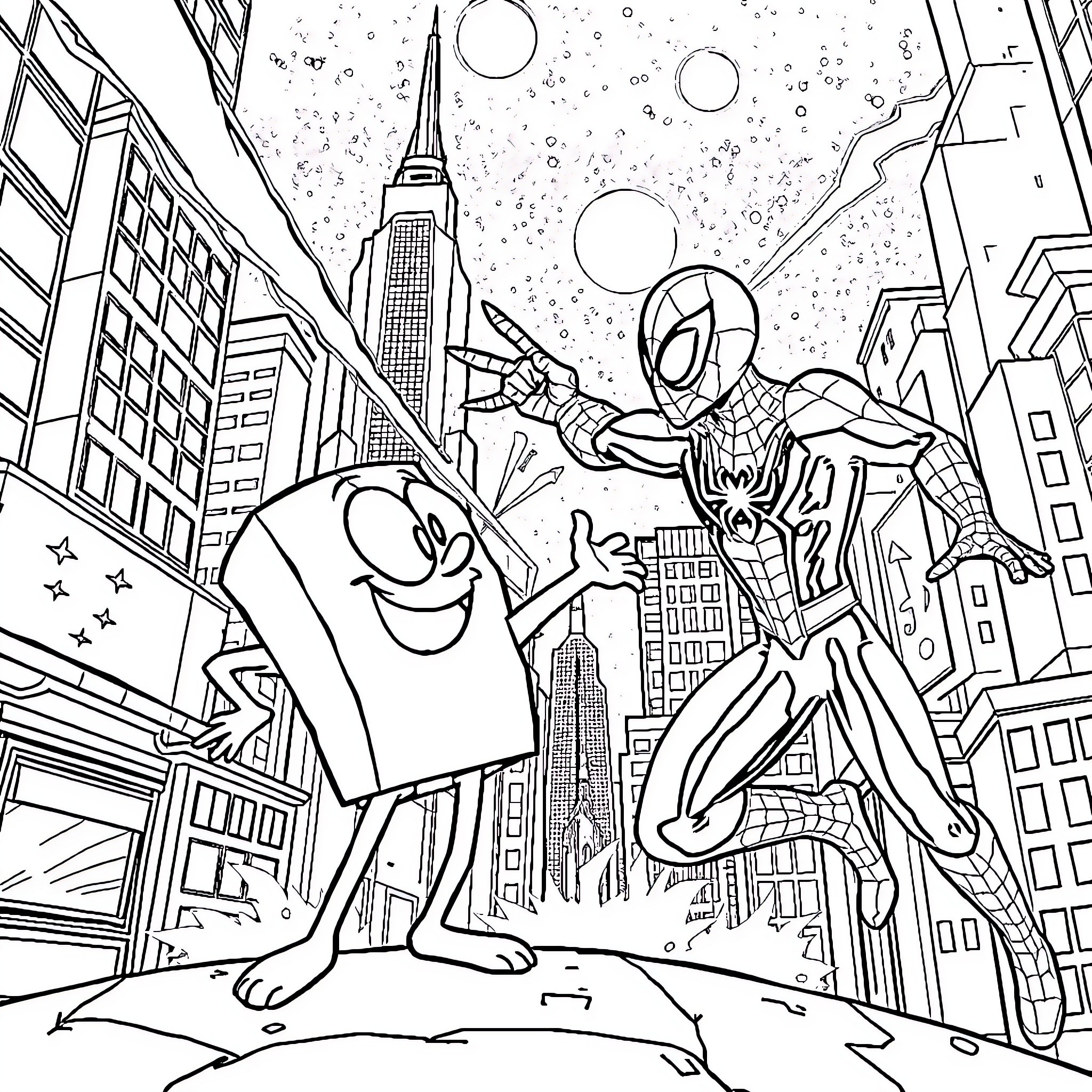 Bob l'éponge and Spider-Man's heroic adventure in New York Coloring Page (free black-and-white line drawing printable PDF for all, from beginners to advanced learners, including children, teens, adults, and seniors)