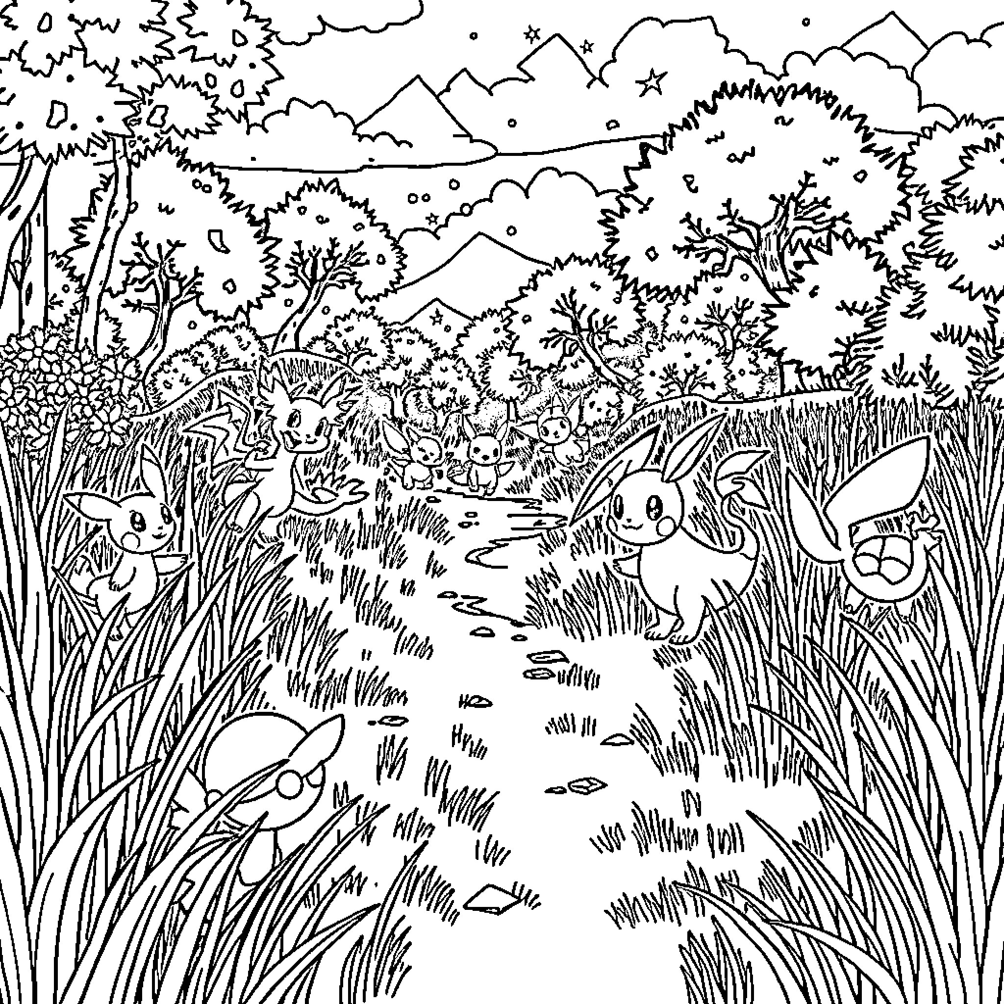 Pokémon playing in a magical forest landscape Coloring Page (free black-and-white line drawing printable PDF for all, from beginners to advanced learners, including children, teens, adults, and seniors)