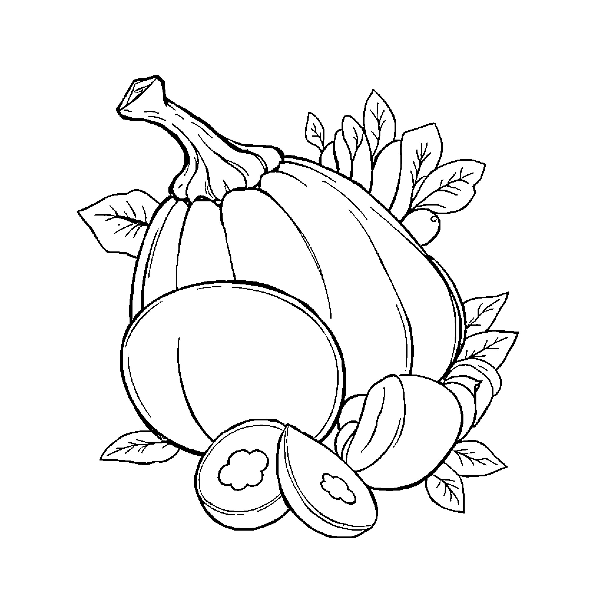 Plate of Seasonal Produce with Leaves Coloring Page (free black-and-white line drawing printable PDF for all, from beginners to advanced learners, including children, teens, adults, and seniors)
