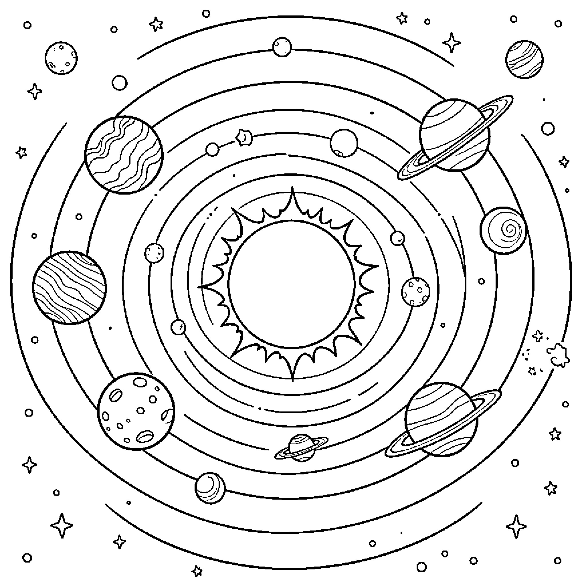 Planet orbits circling a bright central sun Coloring Page (free black-and-white line drawing printable PDF for all, from beginners to advanced learners, including children, teens, adults, and seniors)