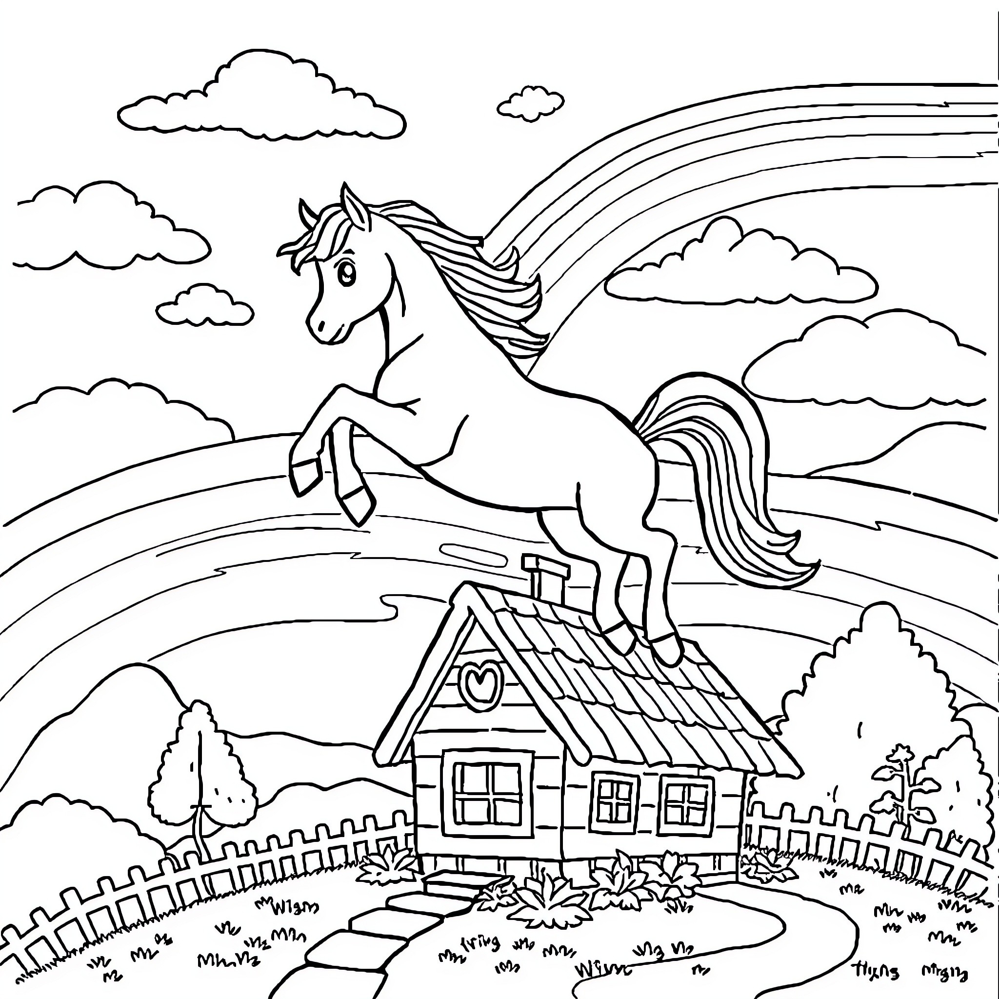 Pony running happily in a countryside scene Coloring Page (free black-and-white line drawing printable PDF for all, from beginners to advanced learners, including children, teens, adults, and seniors)