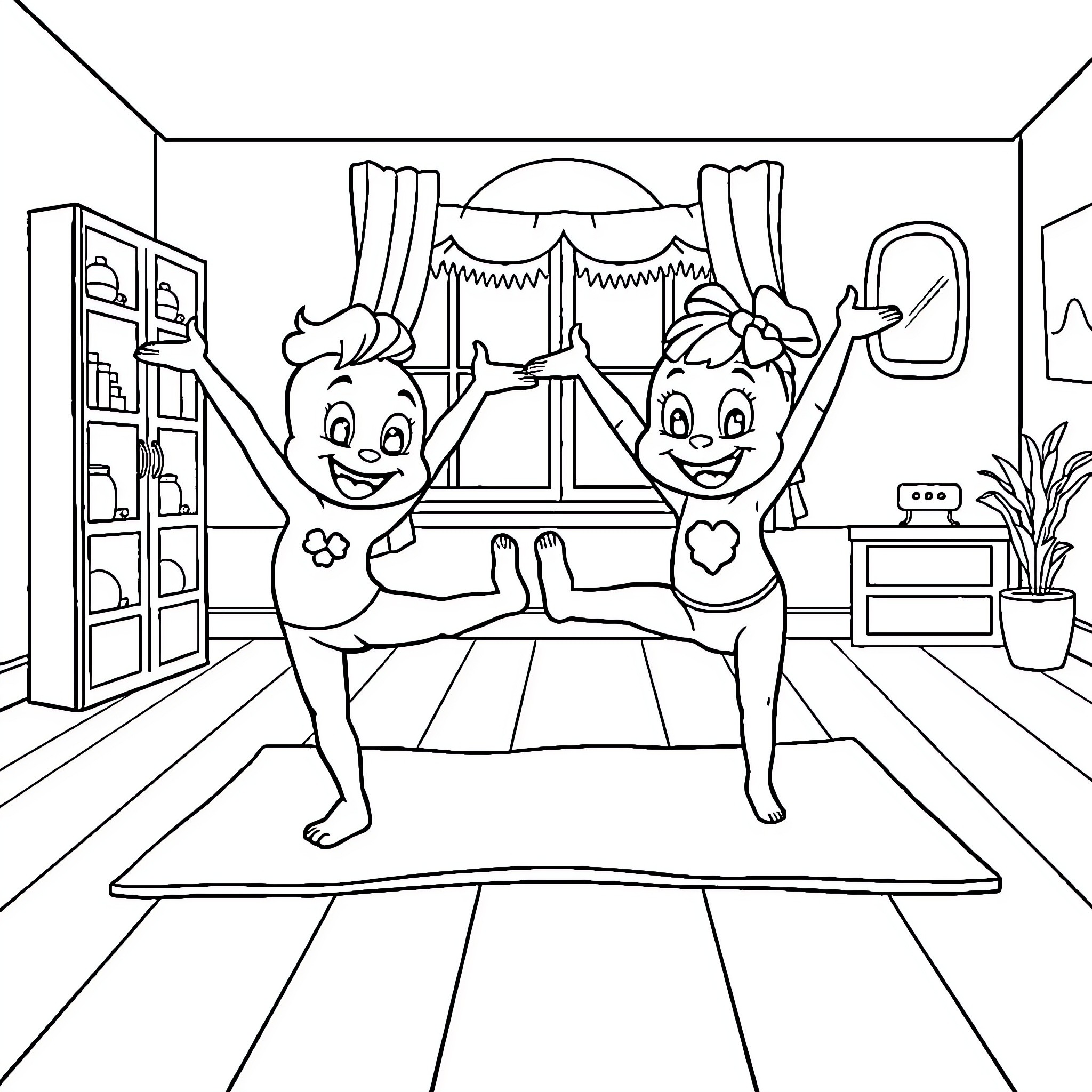 Bingo of Excited Characters Exercising in Room Coloring Page (free black-and-white line drawing printable PDF for all, from beginners to advanced learners, including children, teens, adults, and seniors)