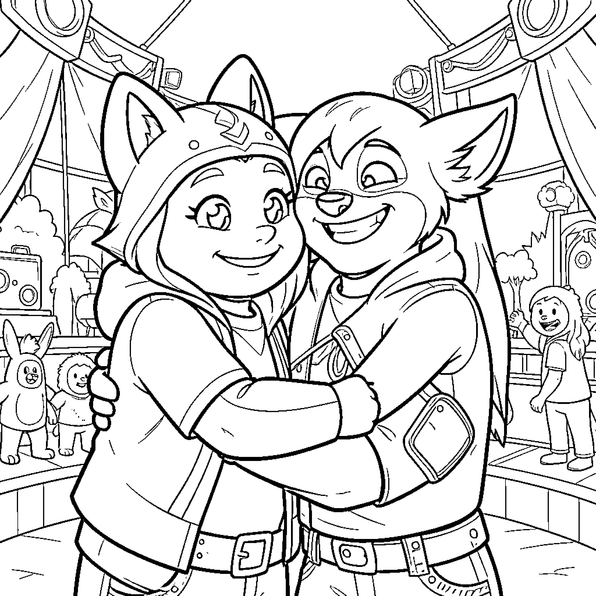 Pomni characters hugging each other happily in a scene Coloring Page (free black-and-white line drawing printable PDF for all, from beginners to advanced learners, including children, teens, adults, and seniors)
