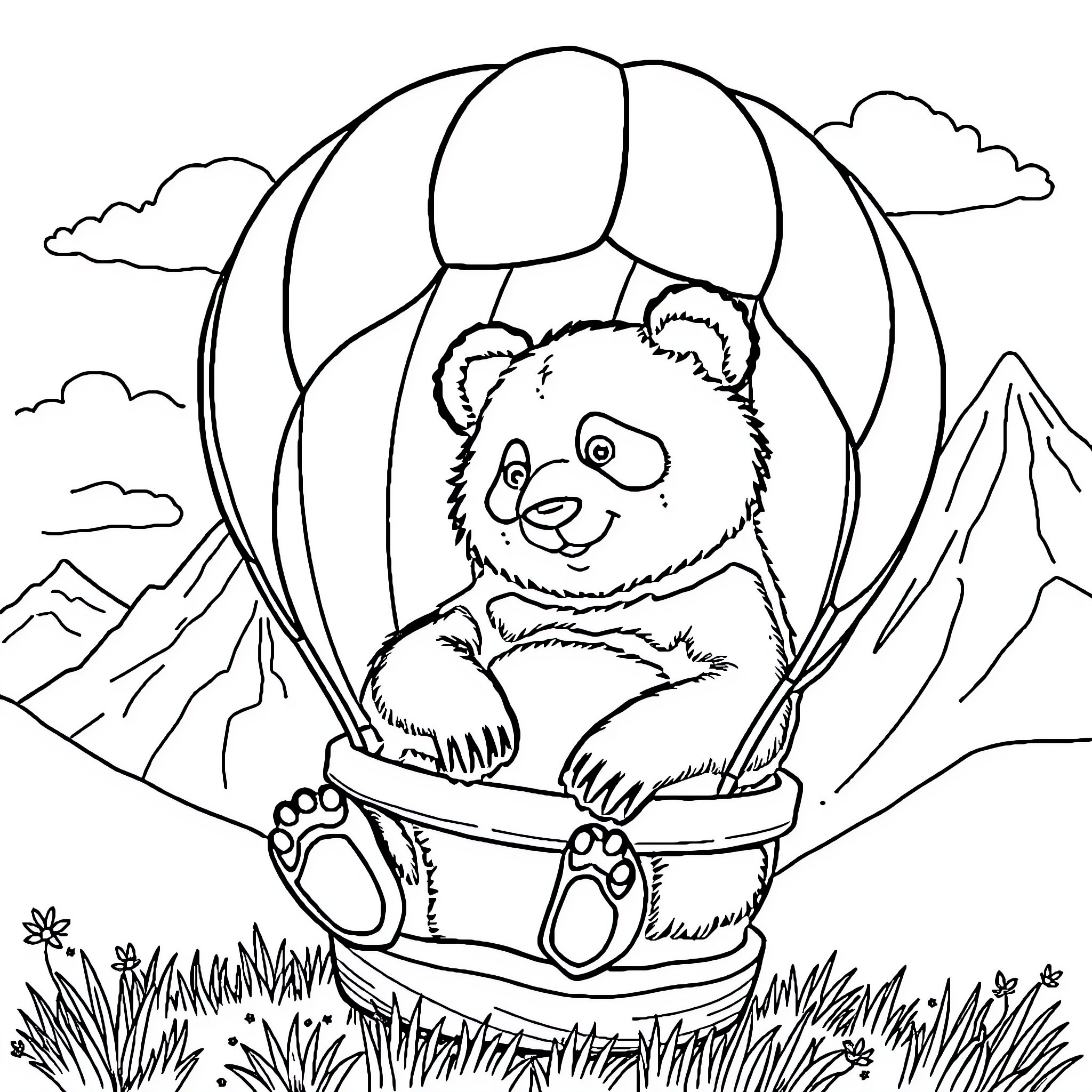 Panda in Hot Air Balloon Adventure Coloring Page (free black-and-white line drawing printable PDF for all, from beginners to advanced learners, including children, teens, adults, and seniors)