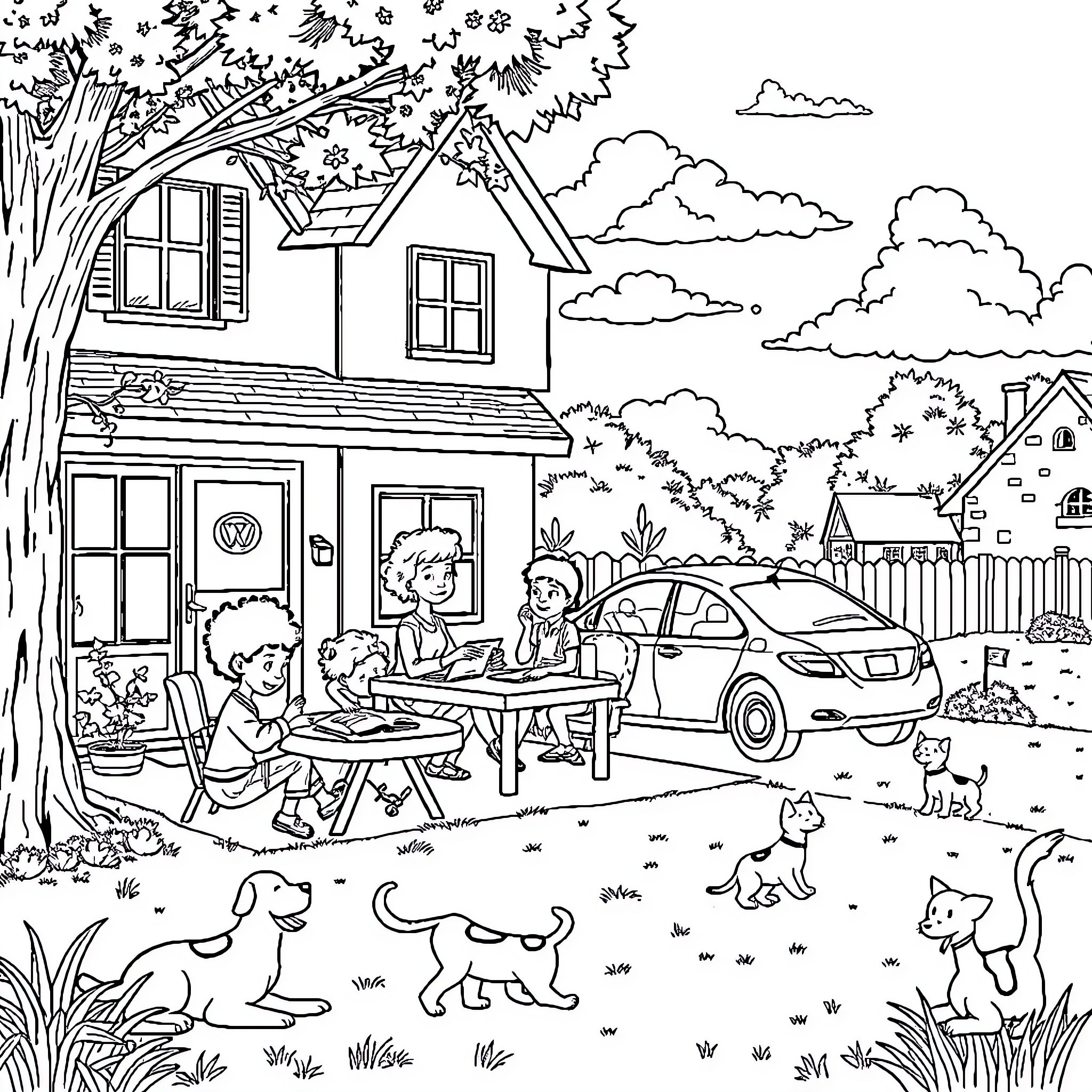 Family Enjoying an Outdoor Picnic in the Neighborhood Coloring Page (free black-and-white line drawing printable PDF for all, from beginners to advanced learners, including children, teens, adults, and seniors)