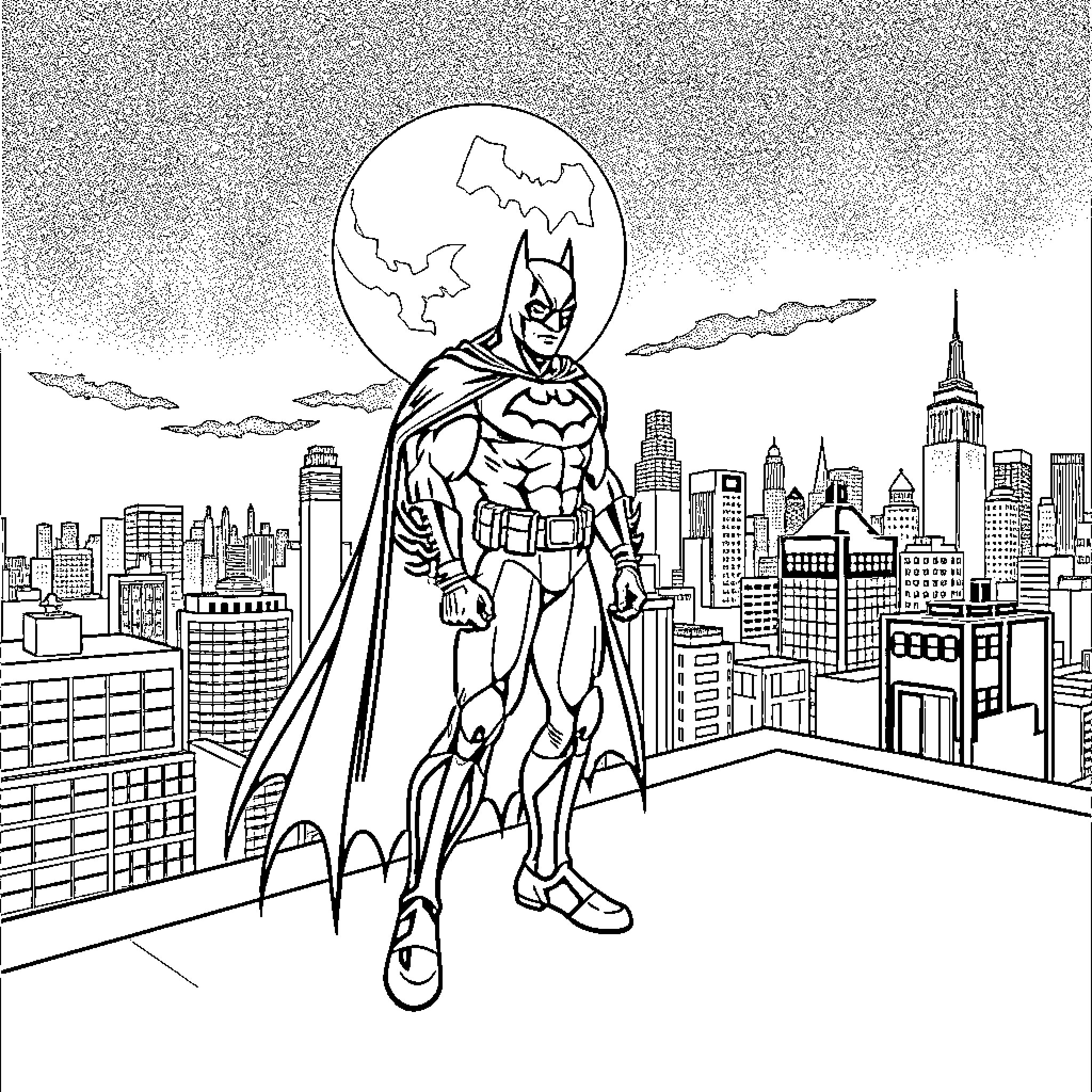 Batman overlooking the city skyline at night Coloring Page (free black-and-white line drawing printable PDF for all, from beginners to advanced learners, including children, teens, adults, and seniors)