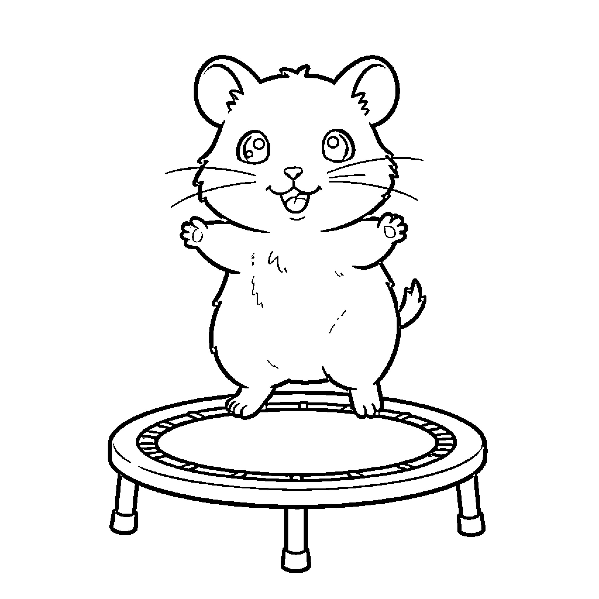 Hamster jumping joyfully on a small trampoline Coloring Page (free black-and-white line drawing printable PDF for all, from beginners to advanced learners, including children, teens, adults, and seniors)