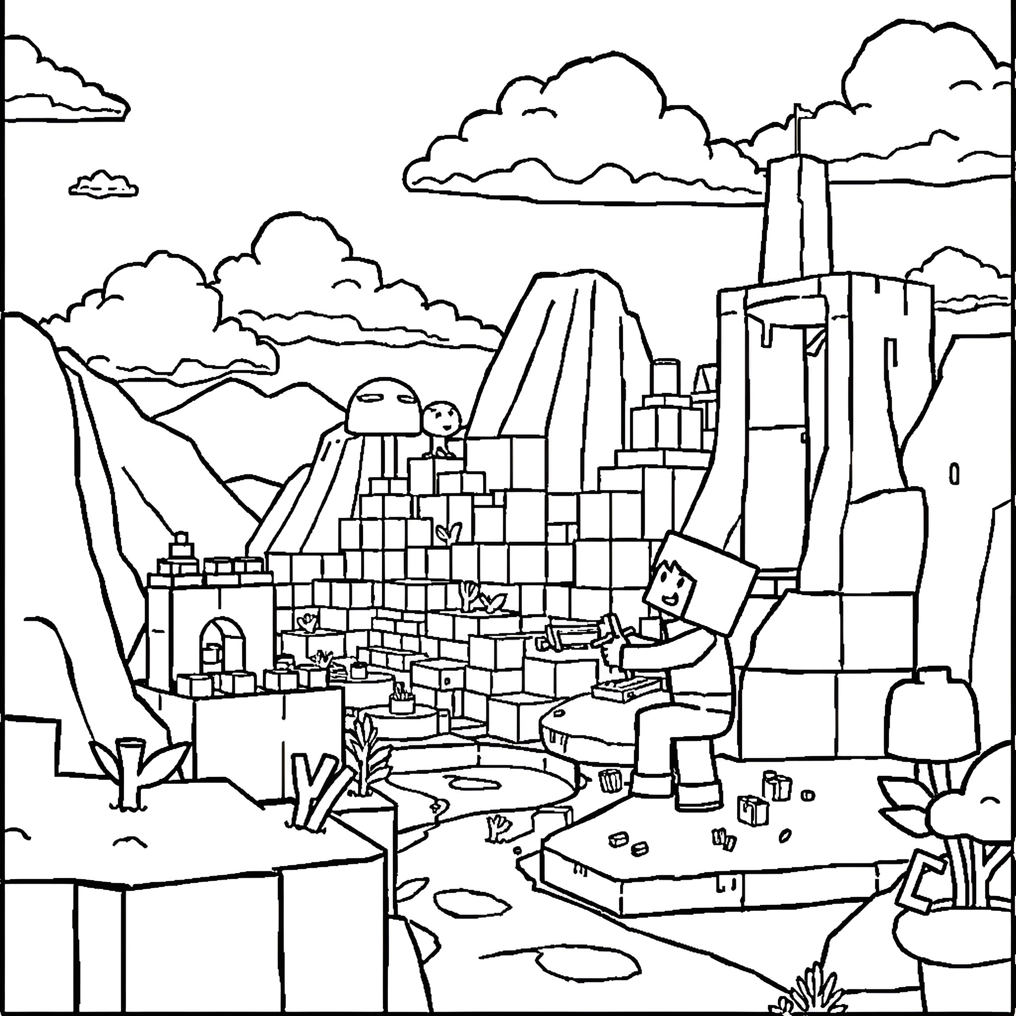 Minecraft Landscape with Mountainous Terrain and Structures Coloring Page (free black-and-white line drawing printable PDF for all, from beginners to advanced learners, including children, teens, adults, and seniors)
