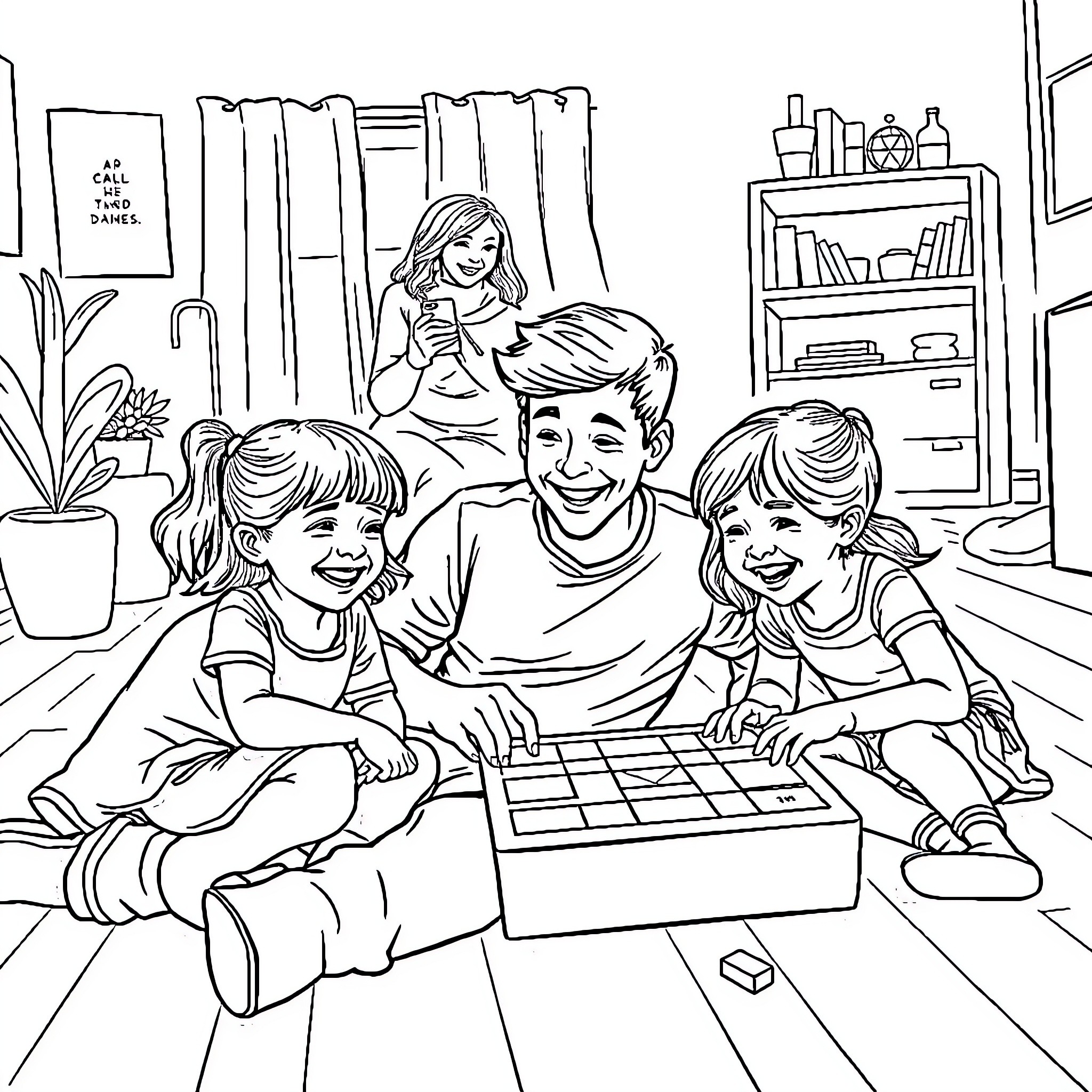 Dad spends quality time with family playing games Coloring Page (free black-and-white line drawing printable PDF for all, from beginners to advanced learners, including children, teens, adults, and seniors)