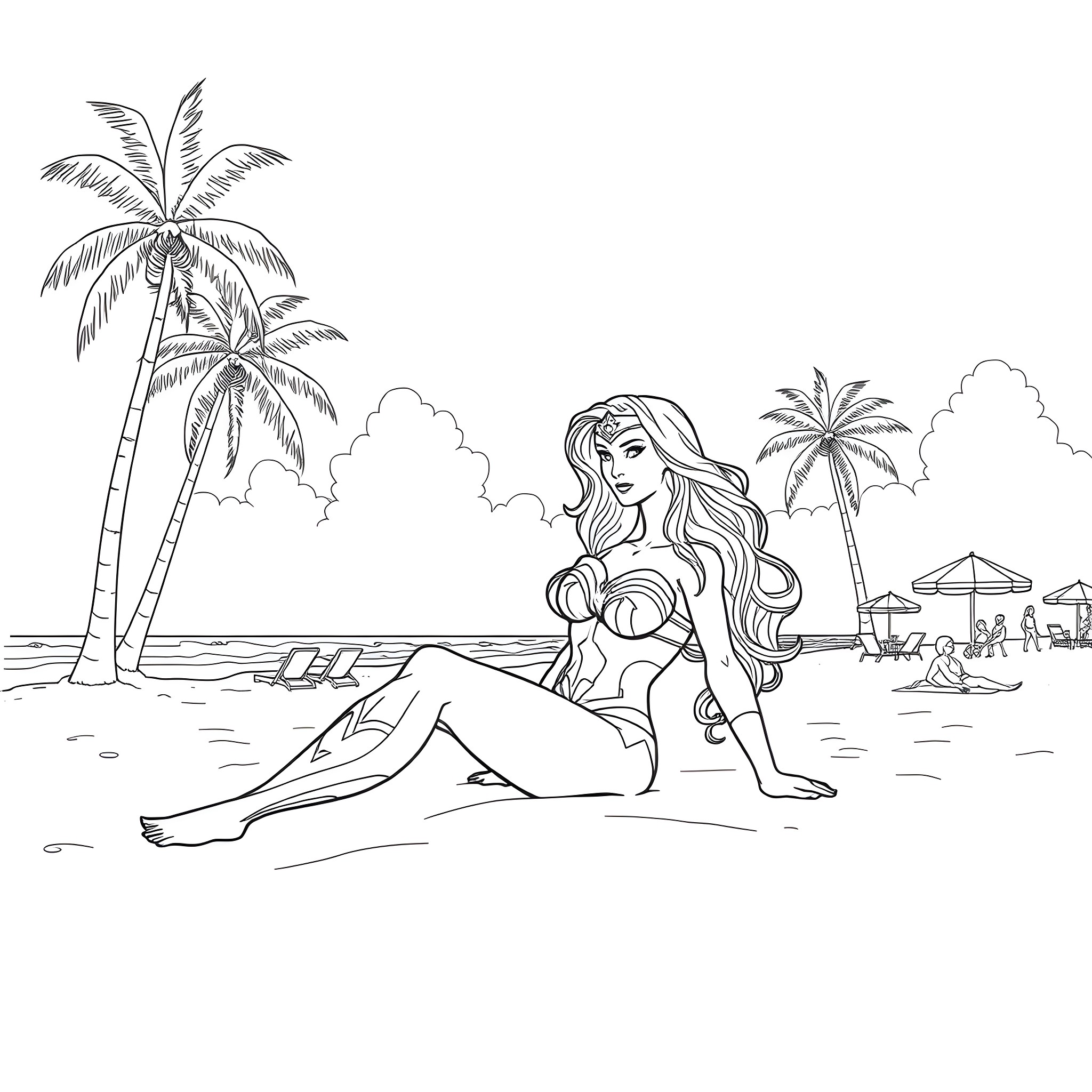 Wonder Woman Relaxing on the Beach Coloring Page (free black-and-white line drawing printable PDF for all, from beginners to advanced learners, including children, teens, adults, and seniors)