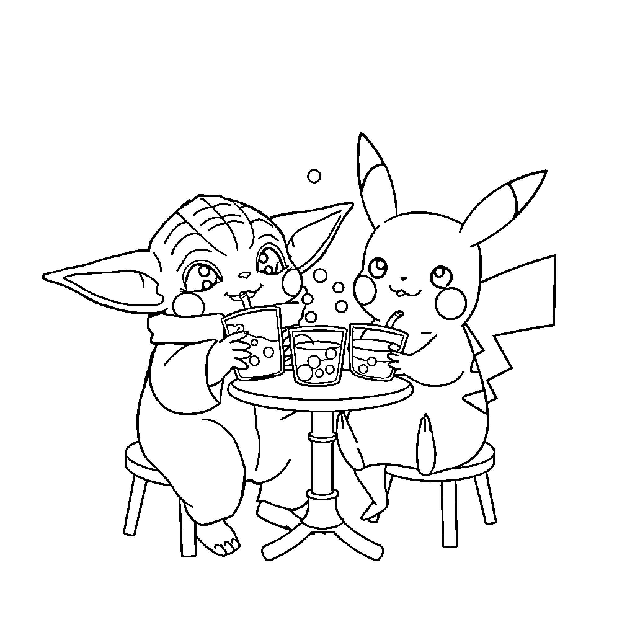 Yoda and Pikachu enjoying refreshments together Coloring Page (free black-and-white line drawing printable PDF for all, from beginners to advanced learners, including children, teens, adults, and seniors)