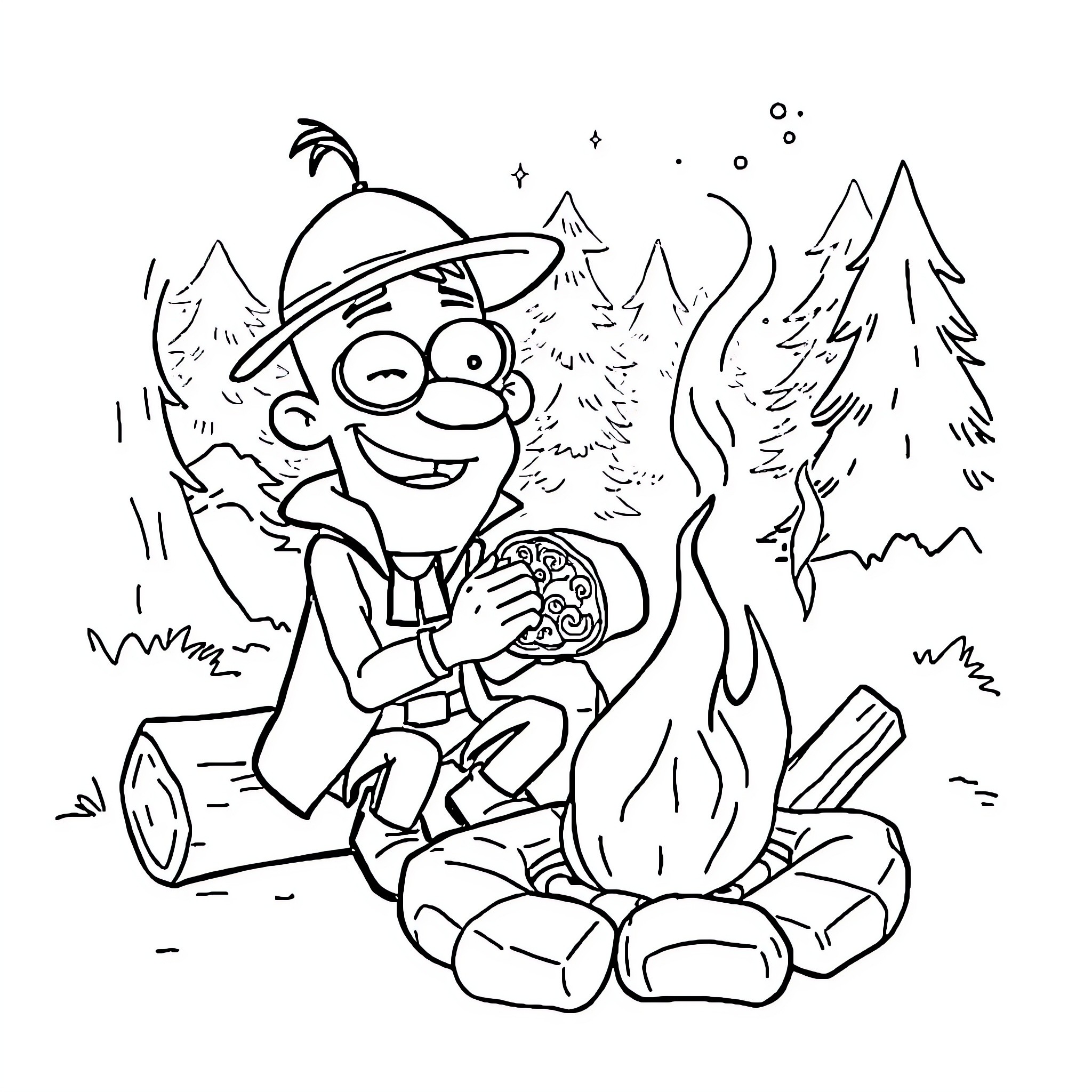 Detective P Relaxing by the Campfire Coloring Page (free black-and-white line drawing printable PDF for all, from beginners to advanced learners, including children, teens, adults, and seniors)