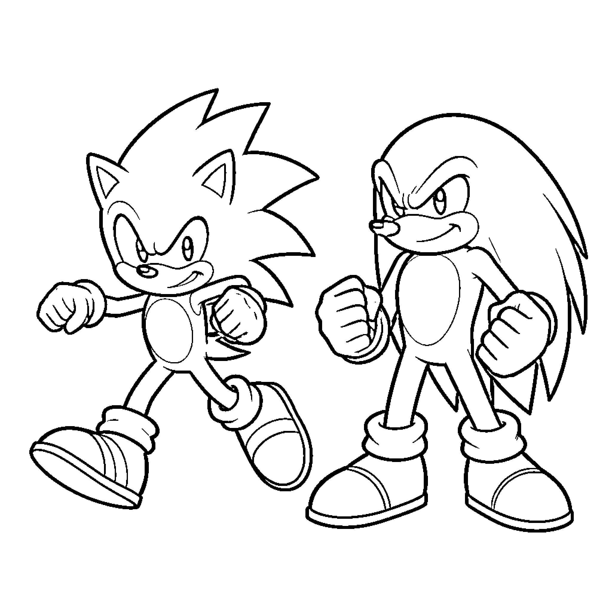 Sonic characters in action poses Coloring Page (free black-and-white line drawing printable PDF for all, from beginners to advanced learners, including children, teens, adults, and seniors)