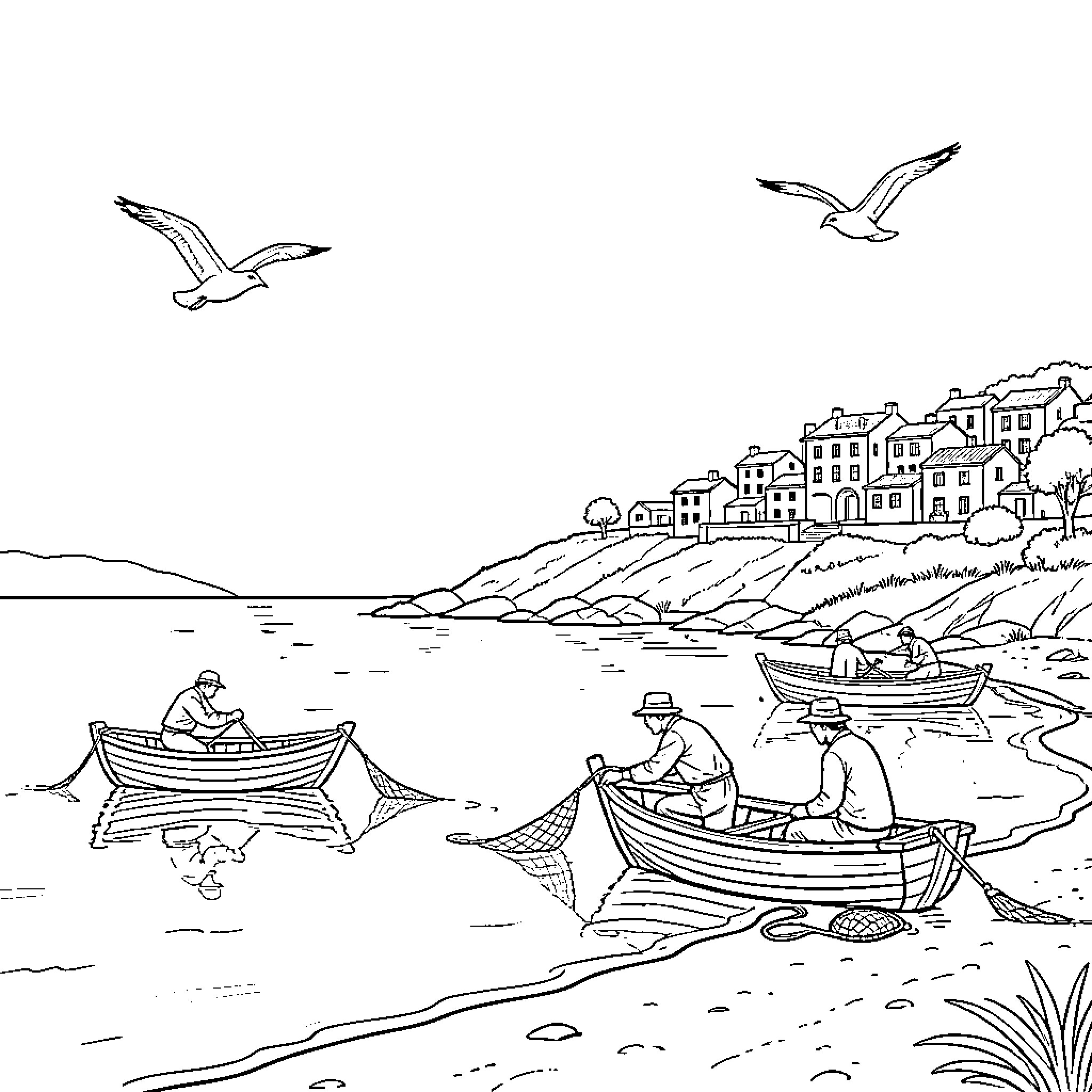 Coast with fishing boats and gulls in scenic seaside town Coloring Page (free black-and-white line drawing printable PDF for all, from beginners to advanced learners, including children, teens, adults, and seniors)