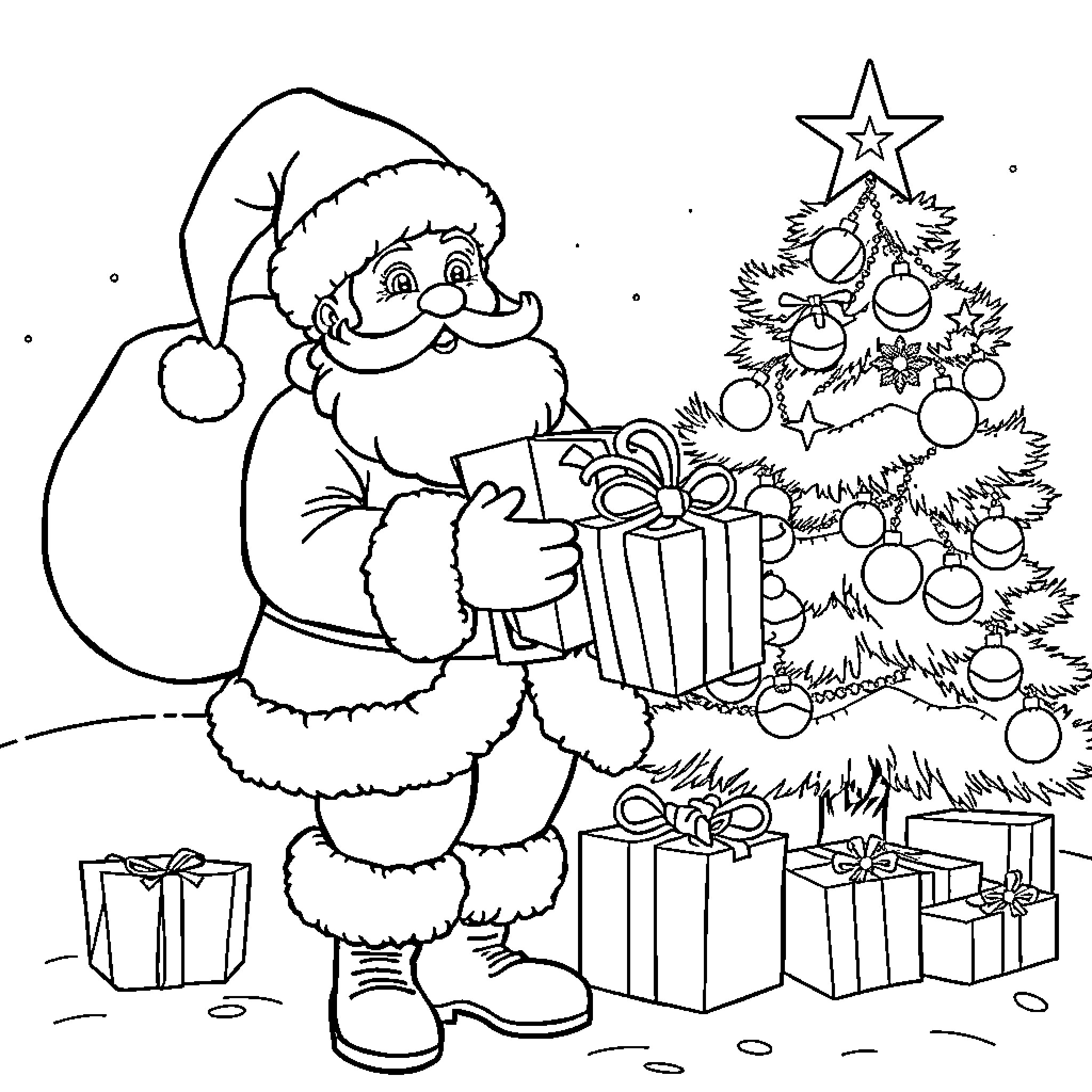 Santa Claus delivering presents under Christmas tree Coloring Page (free black-and-white line drawing printable PDF for all, from beginners to advanced learners, including children, teens, adults, and seniors)