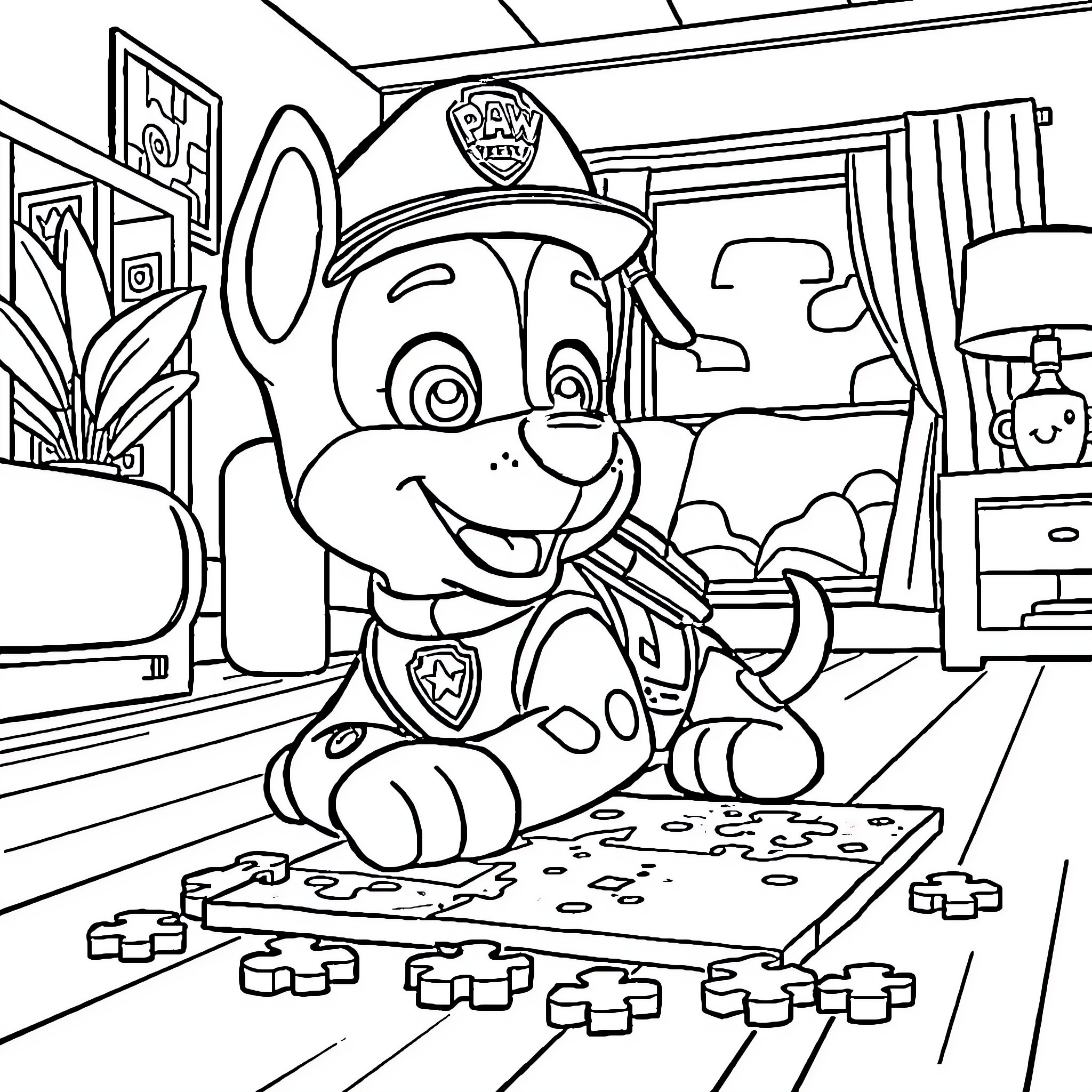 Marshall playing with building blocks in his bedroom Coloring Page (free black-and-white line drawing printable PDF for all, from beginners to advanced learners, including children, teens, adults, and seniors)