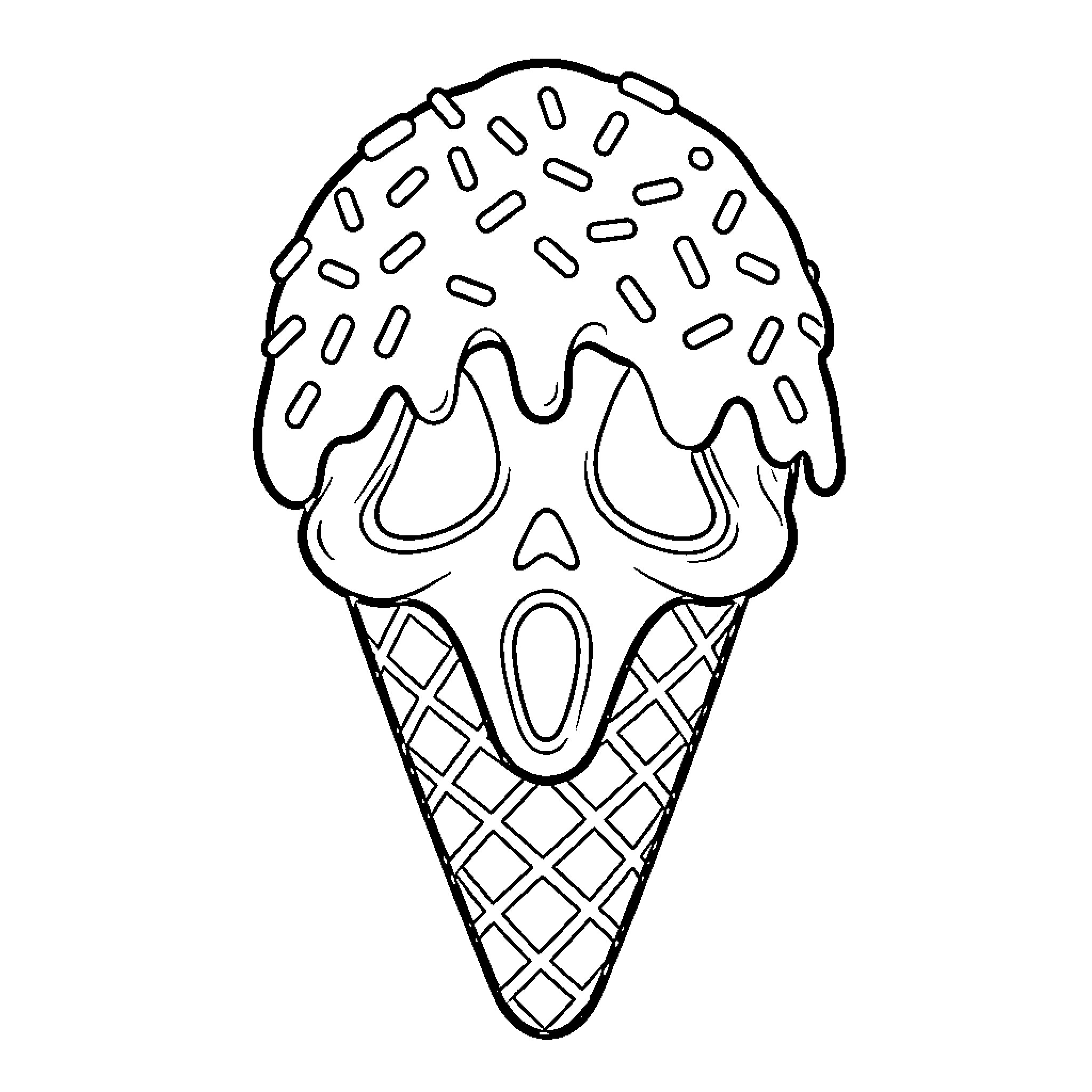 Ghostface ice cream cone with spooky expression Coloring Page (free black-and-white line drawing printable PDF for all, from beginners to advanced learners, including children, teens, adults, and seniors)