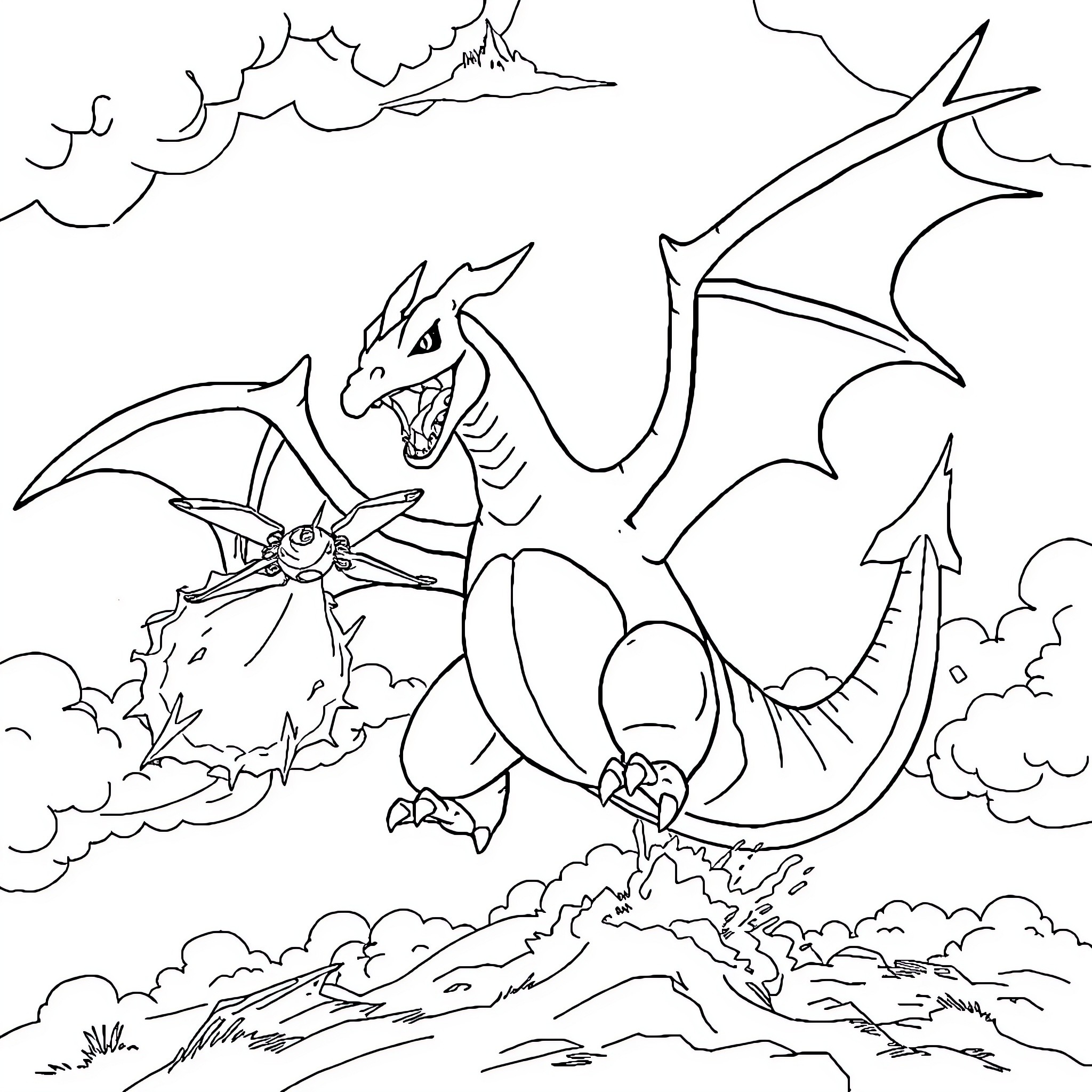 Charizard soaring through the sky in action Coloring Page (free black-and-white line drawing printable PDF for all, from beginners to advanced learners, including children, teens, adults, and seniors)