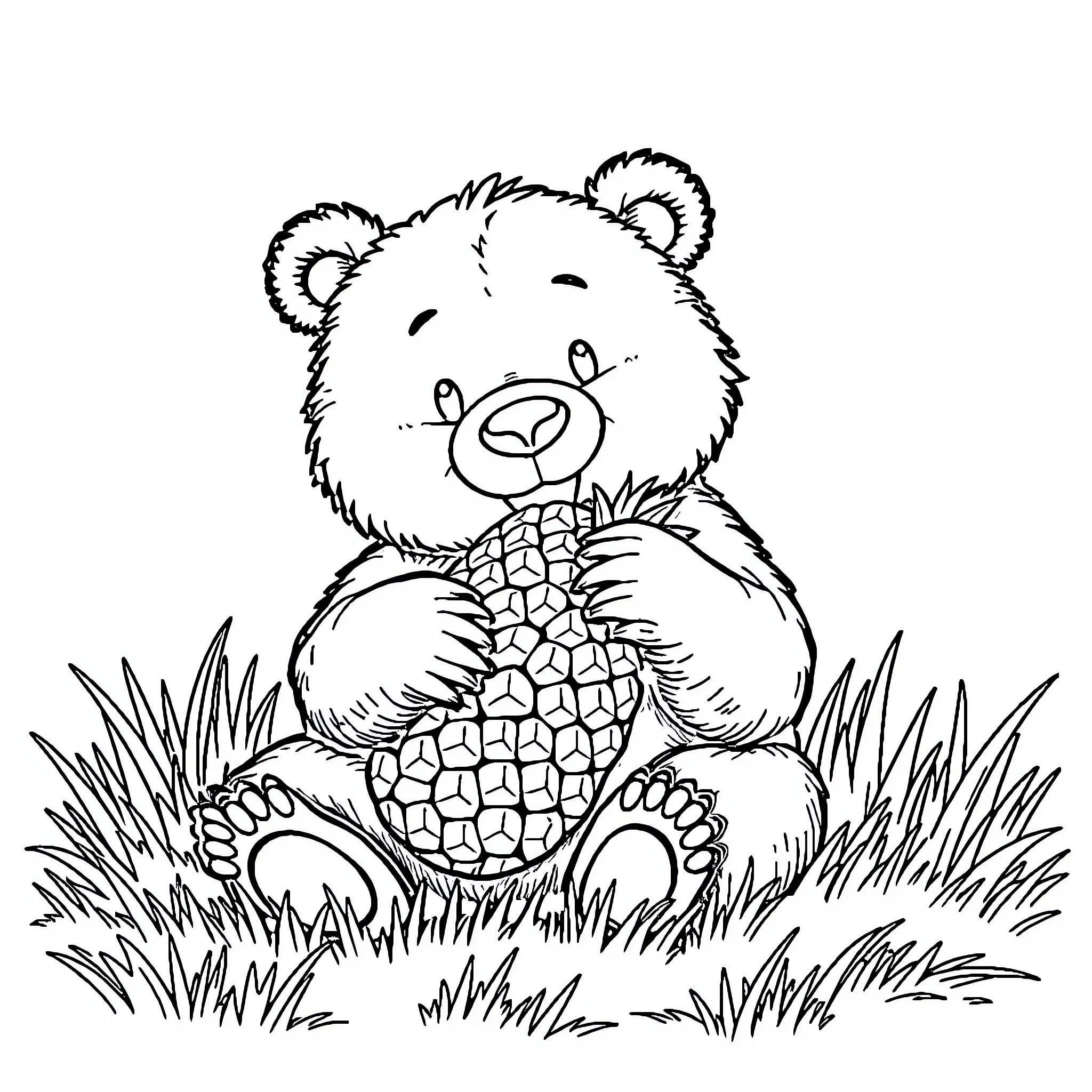 Bear hugging pineapple in grassy field Coloring Page (free black-and-white line drawing printable PDF for all, from beginners to advanced learners, including children, teens, adults, and seniors)